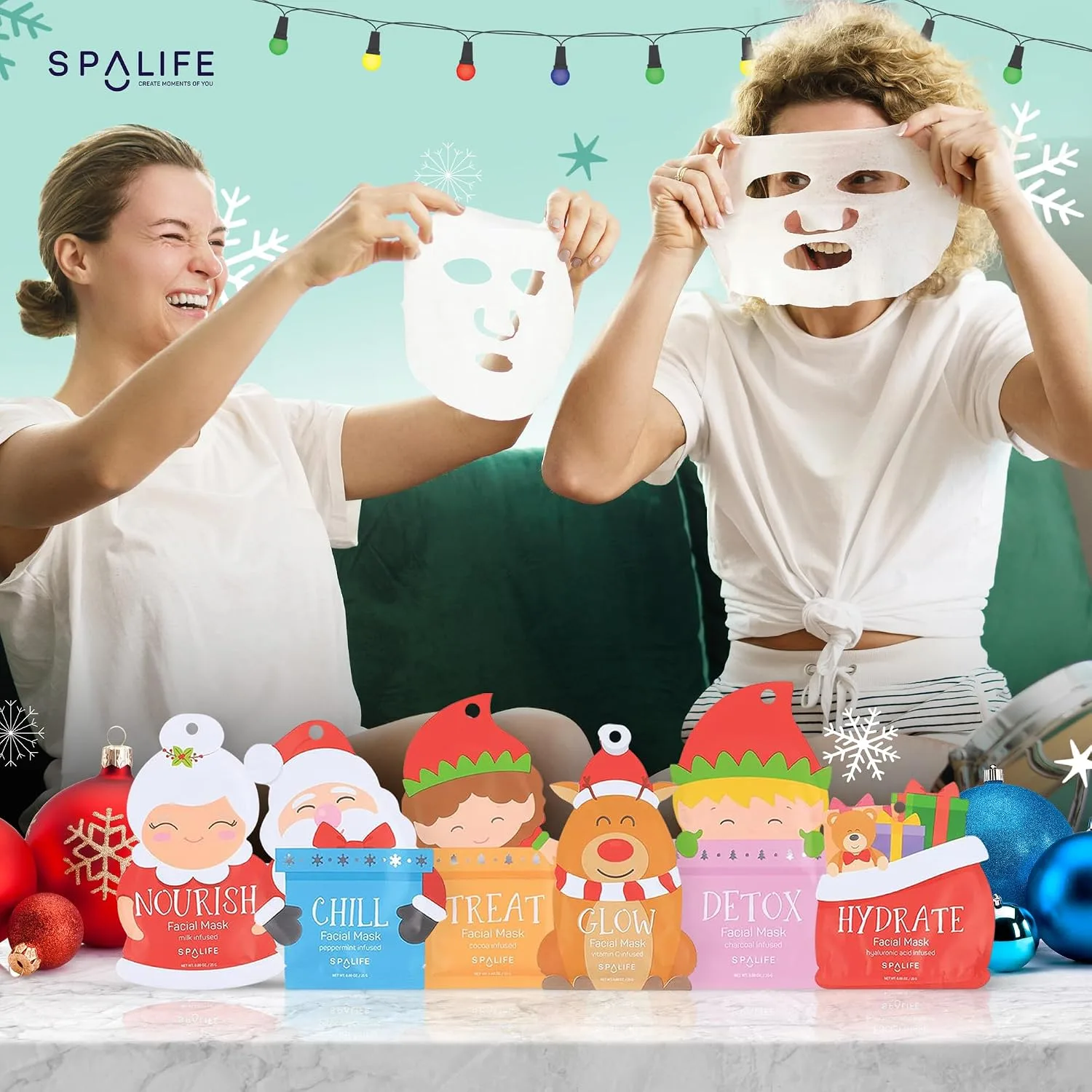 SpaLife Beauty Santa’s Squad Christmas Face Mask Bundle | Korean Facial Masks | Hydrating, Soothing, Complexion Enhancing and Firming Sheet Mask Set | Christmas Gifts for Women | 12 Pack