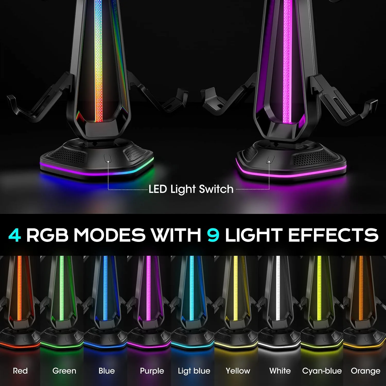 Saitake RGB Controller Stand, Gaming Controller Holder with 9 Light Modes, 2 USB Charging Ports, Headset Stand, Desk Organizer for Xbox PS5 PS4 Switch PC, 4 Controllers & 1 Headphone (Black)