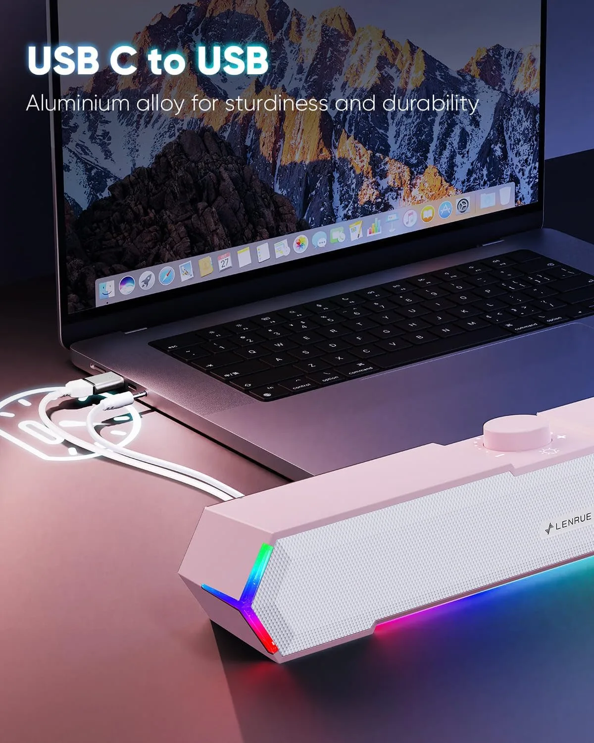 LENRUE G11 Computer Speakers for Desktop, Touch Lights PC Speakers with Surge Clear Sound, USB C/USB Powered, AUX Audio for Computer Desktop PC Laptop Desk (Light Pink)