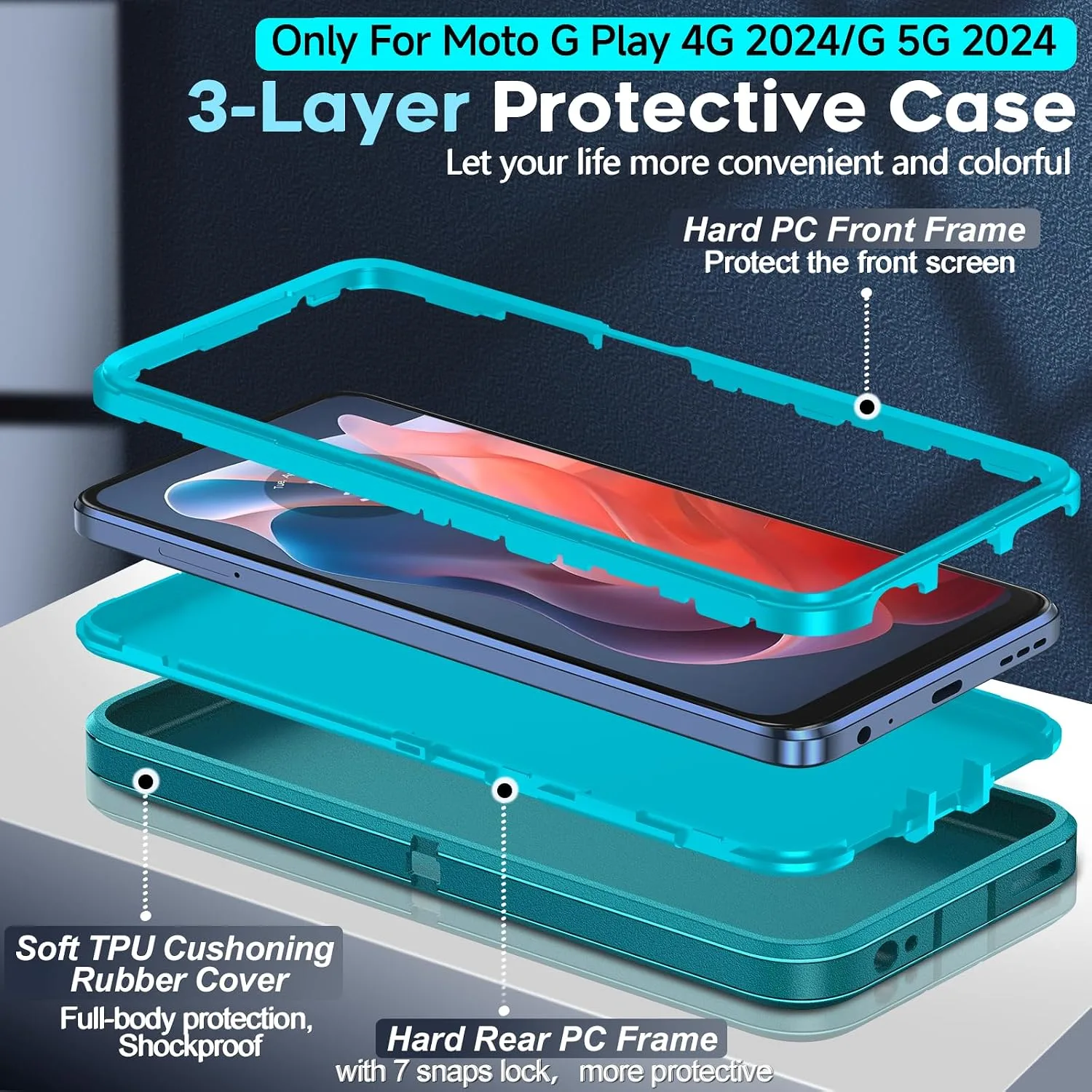 for Moto-G-5G-2024 Case: 𝗡𝗼𝘁 𝗣𝗹𝗮𝘆 𝟮𝟬𝟮𝟰, 3 in 1 Full Body, Teal
