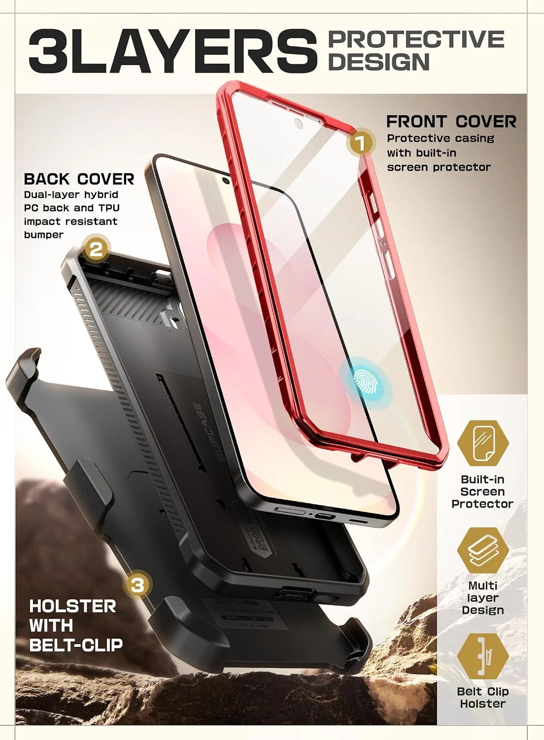SUPCASE for Samsung Galaxy S25 Case with Stand & Screen Protector, Red