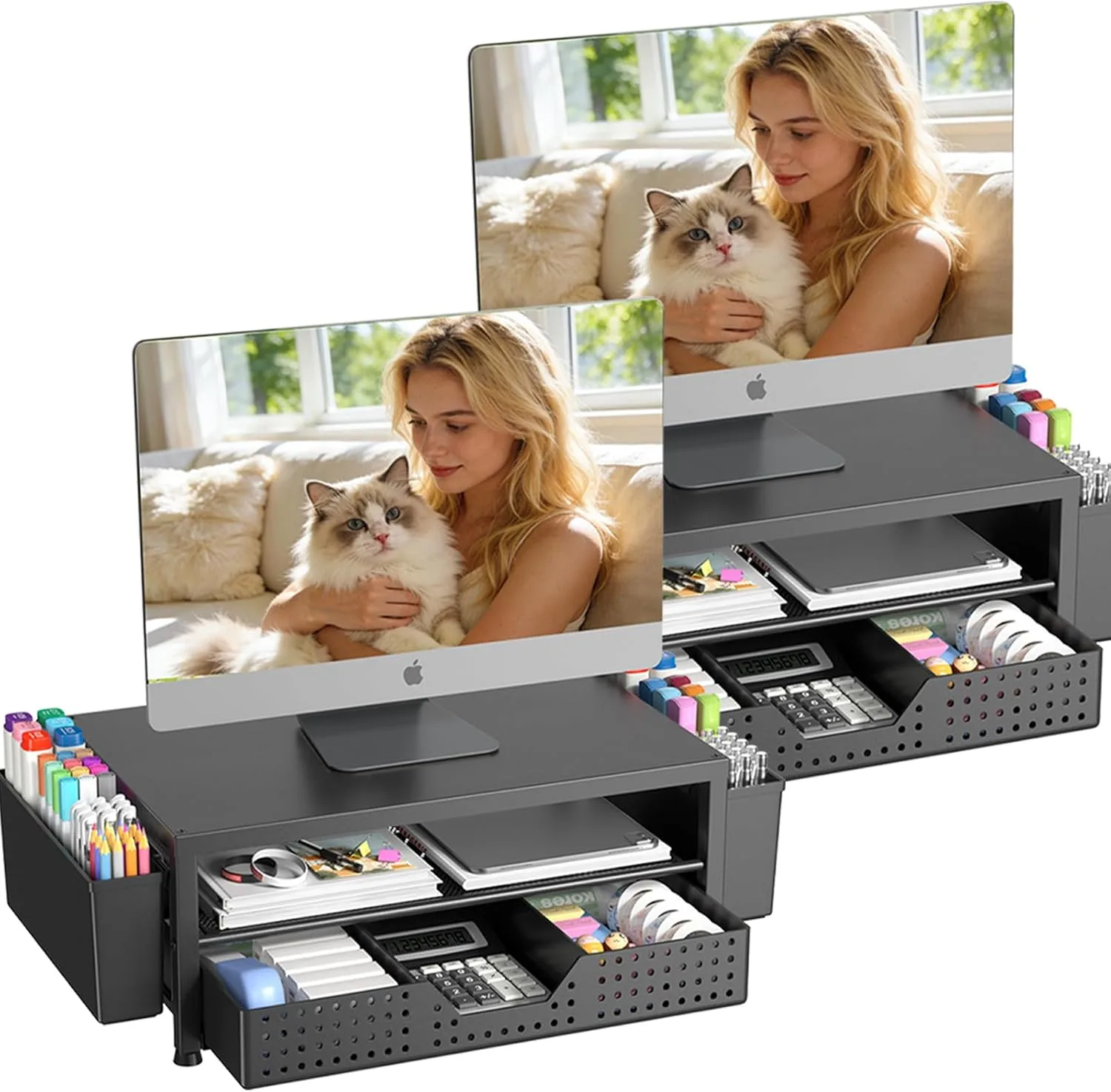 Base para monitor Opnice con cajón y porta lápices metálico