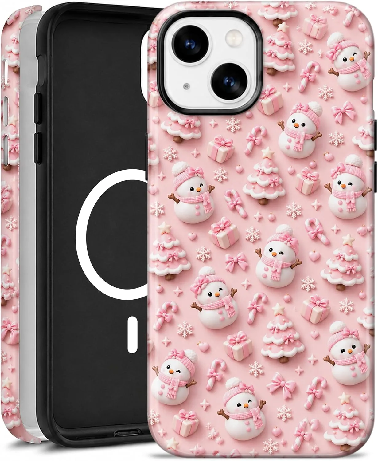 Magnetic for iPhone 15 Cute Pink Phone Case, Christmas Snowman