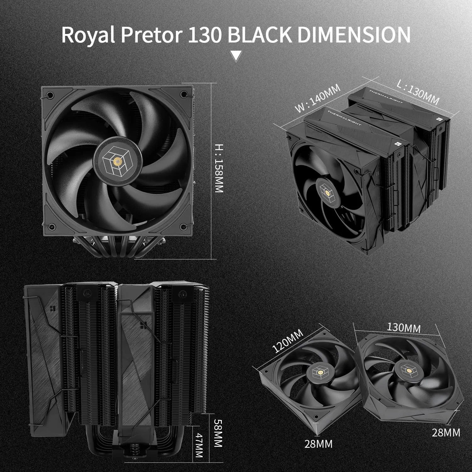 Thermalright Royal Pretor 130 Black CPU Cooler,158mm High, Dual Towers and Dual PWM Fans, 6 Heat Pipes Computer Radiator,PC Cooling for AM4/AM5,Intel LGA 1700/1851/1150/1151/1200/2011(RP130 Black)