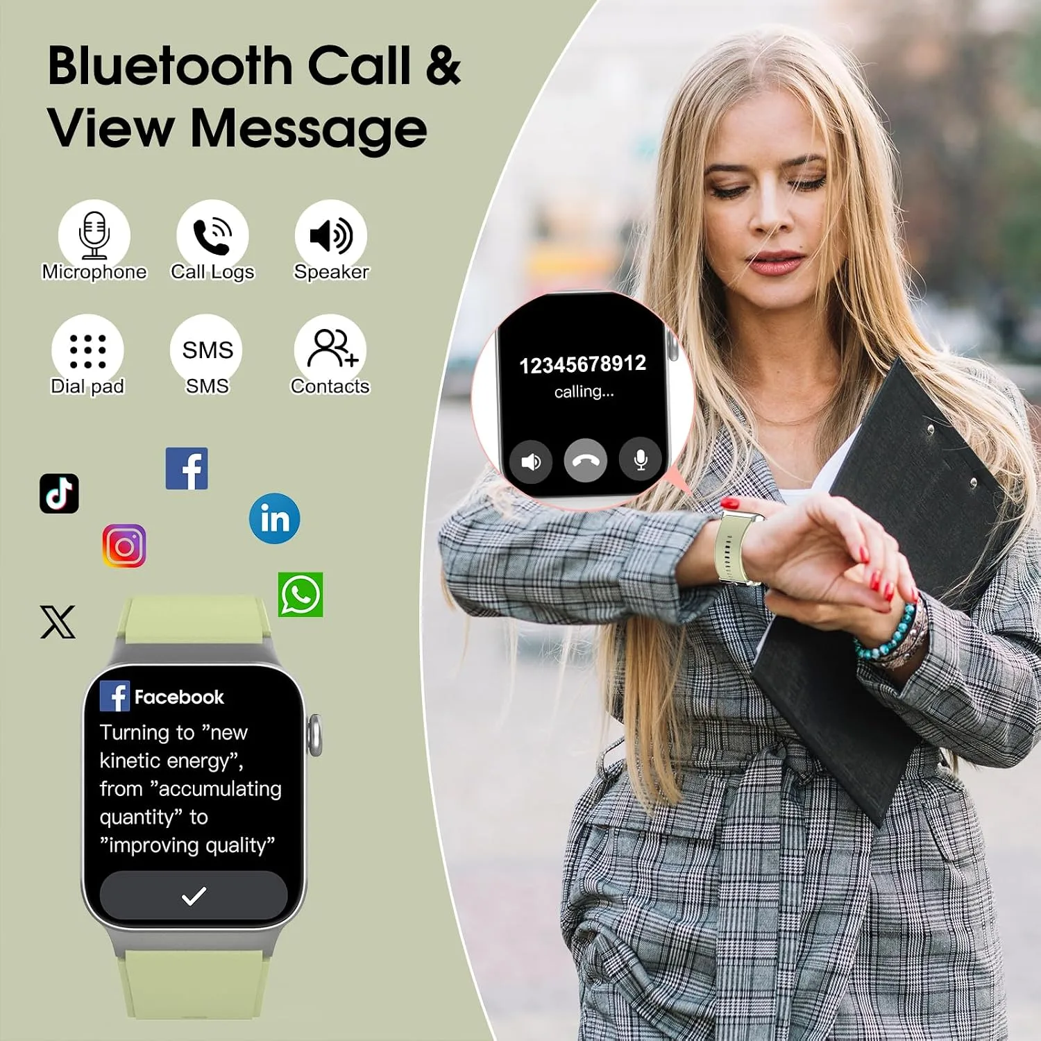 STECEi Smart Watch for Men Women Bluetooth Call, 1.85" HD Screen Smartwatch with Heart Rate/Sleep Monitor, 110+ Sport Modes Activity Trackers IP68 Waterproof, Fitness Watch for Android, Olive Green