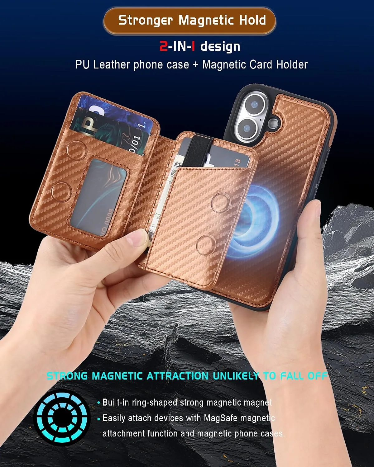 Magnetic Detachable Wallet Case for iPhone 16 with Kickstand,2-in-1 MagSafe Compatible RFID Blocking Card Holder,Slim PU Leather Cover Carbon Coffee
