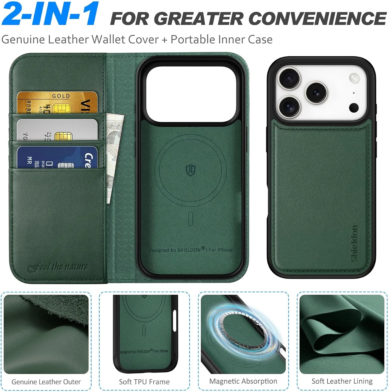 SHIELDON Detachbale Leather Wallet Case for iPhone 18 Pro/17 Pro, Evergreen