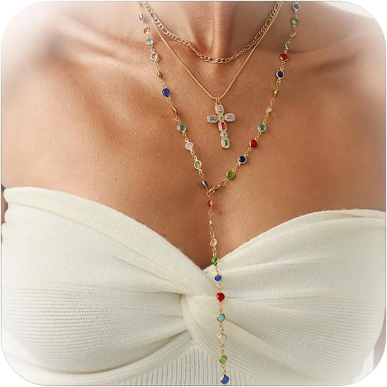 Colorful Y Shaped Necklace for Women Trendy Long Multi Color Crystal Lariat Necklace Sparkly Gemstone Chest Chain Summer Deep V-Neck Dress Outfits Jewelry Accessories