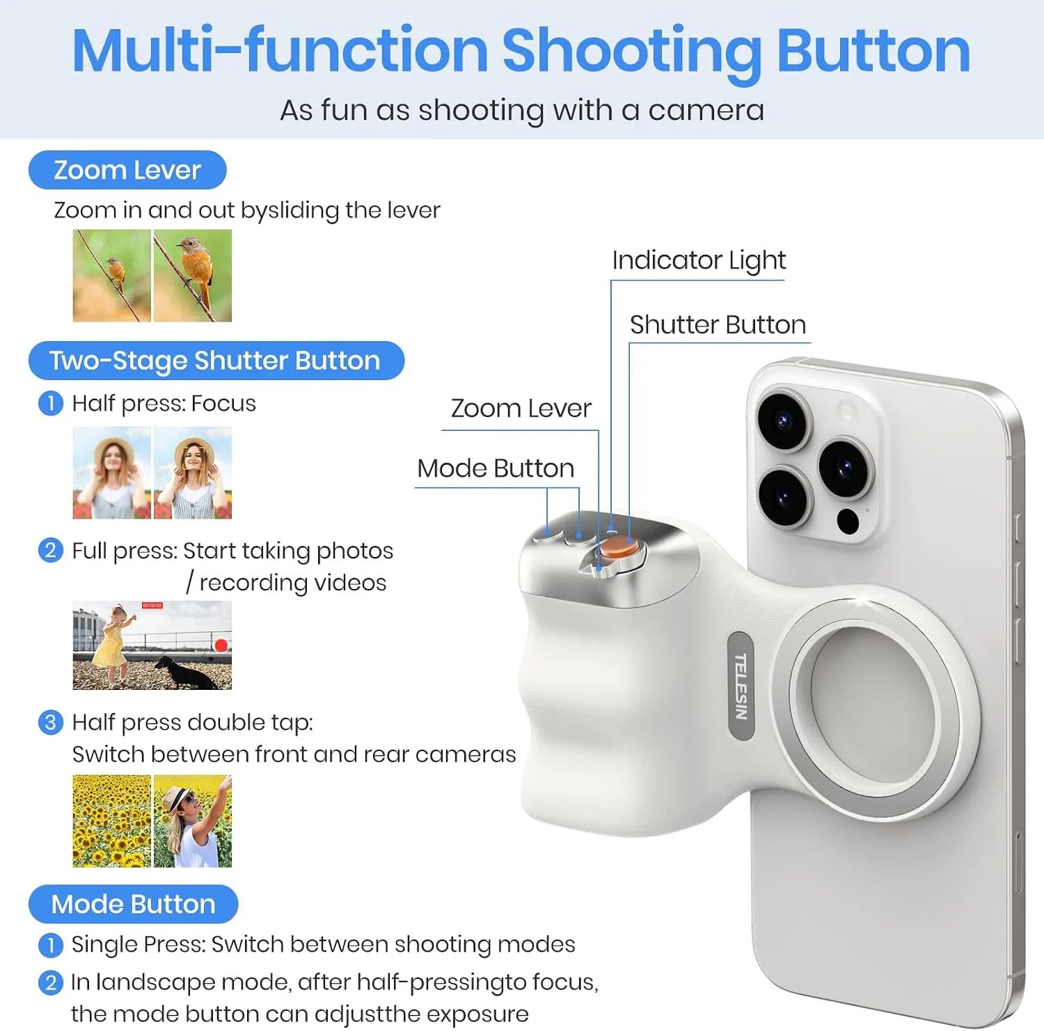 Magnetic Phone Camera Grip,Shooting Holder Selfie Handle Snap(White)