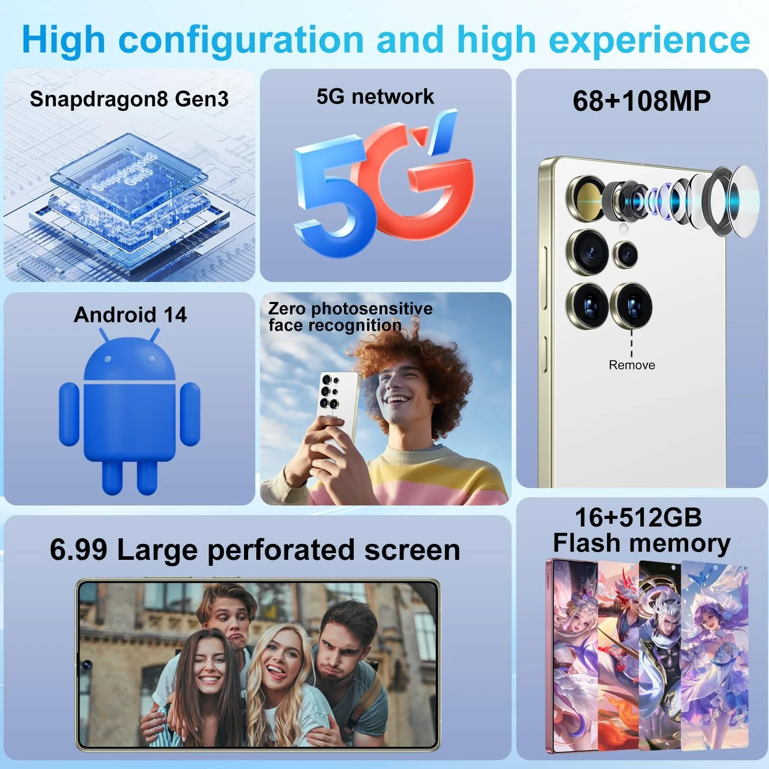 Huness S25 Ultra Unlocked Phone,Built in Pen The Phone,Cell Phone Battery 7000mAh 6.99" HD Screen,Android 14 16+512GB Smartphone,Dual SIM/5G/Face ID/Fingerprint Lock/GPS (White, 16+512)