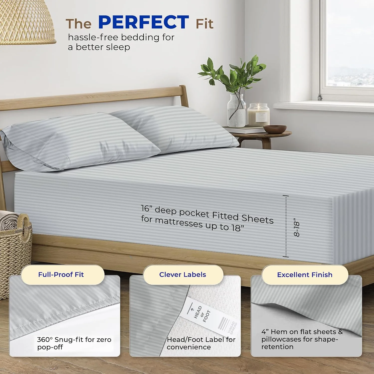 Thread Spread Egyptian Cotton Sheets King Size - Luxury 600 Series King Size Sheets Set (4 PC, Silver - Stripe), 16" Deep Pocket All Around Elastic, Soft, Cooling, Sateen, Durable Hotel Bed Sheet Sets
