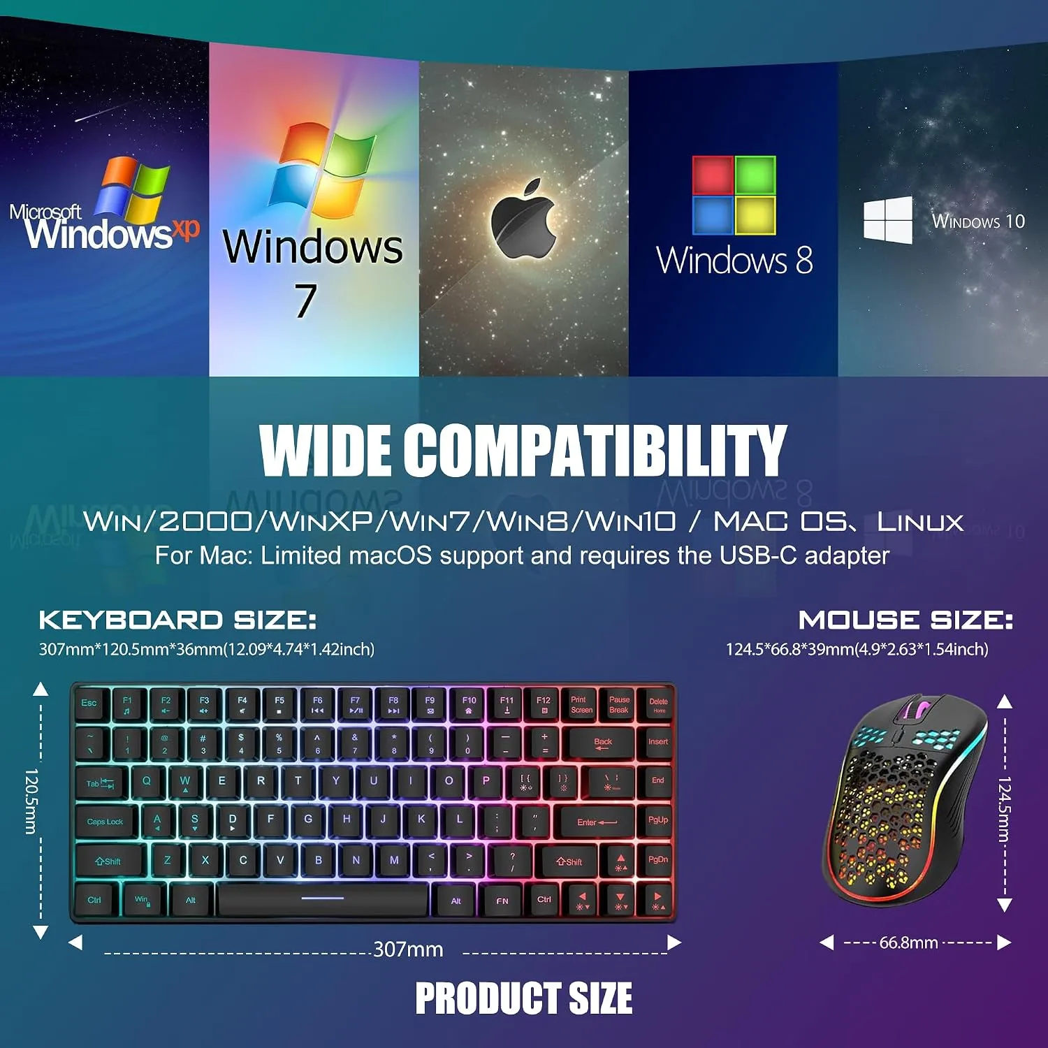 RedThunder K84 Wireless Keyboard and Mouse Combo, Rainbow Backlit Rechargeable Battery, 75% Layout TKL Ultra Compact Gaming Keyboard & Lightweight 3200 DPI Honeycomb Optical Mouse (Black)