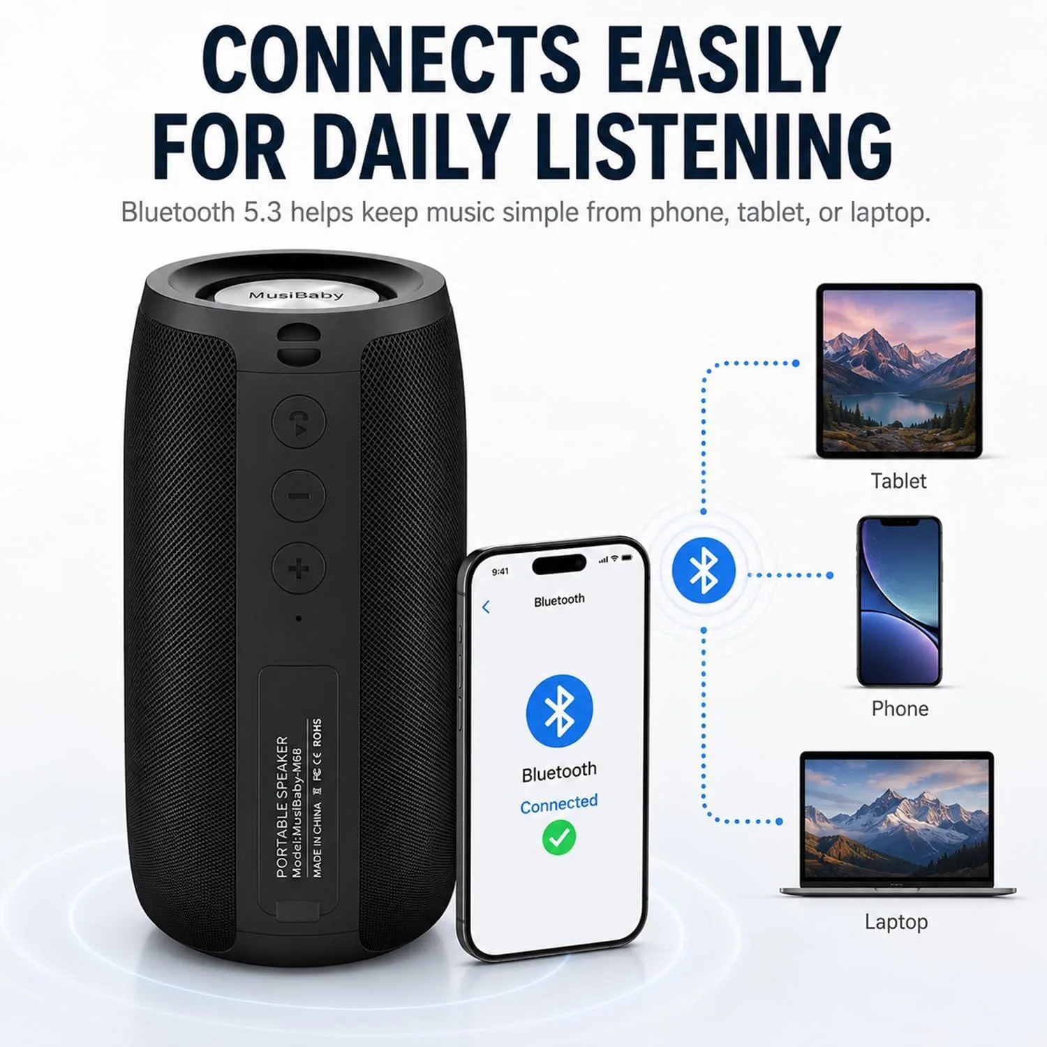 Musibaby M68 Bluetooth Speaker, Portable 12W Small Speaker, Black