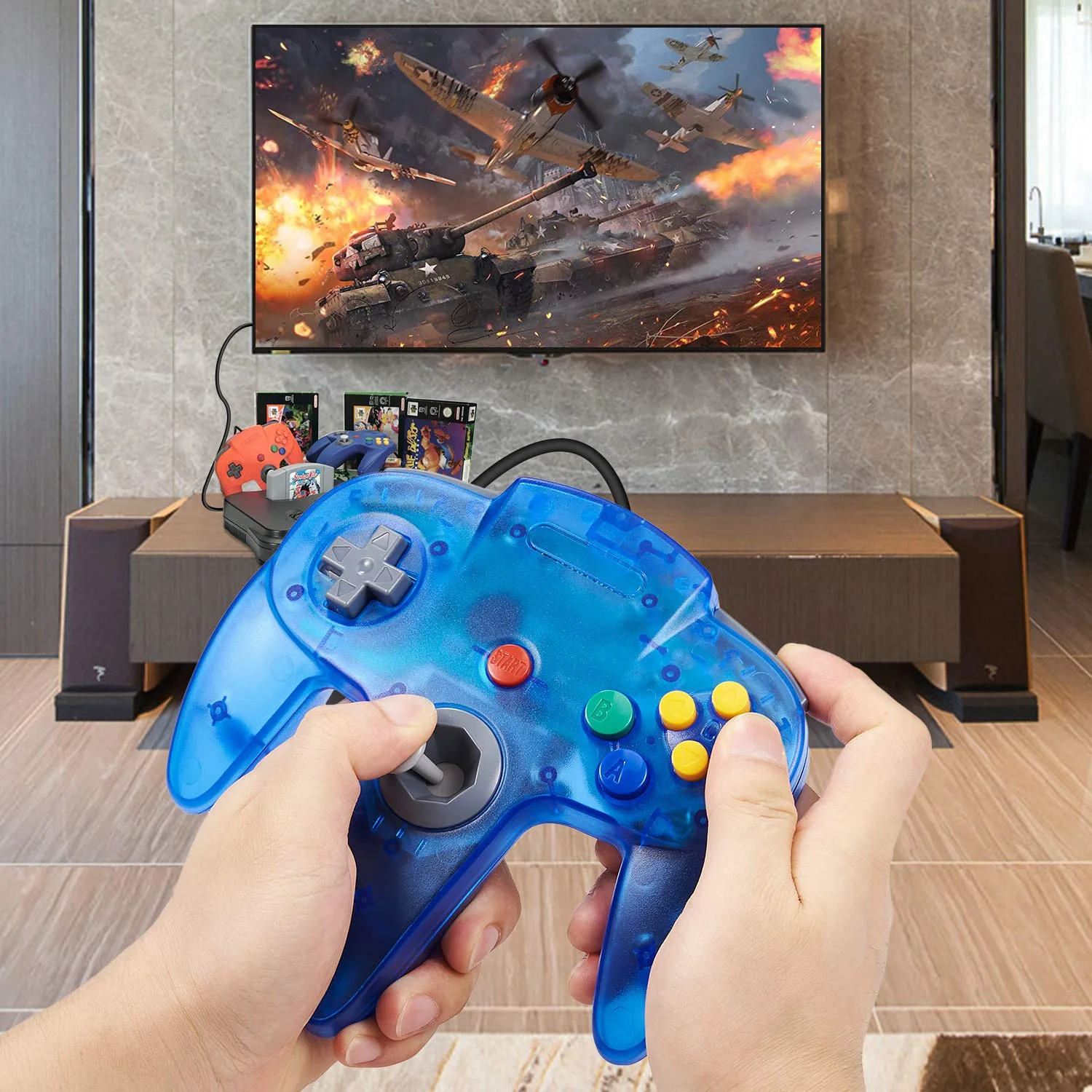 miadore 2 Pack Classic N64 Controllers (Jungle Green/Blue) Bundle with 2 Pack 6FT N64 Controller Extension Cable