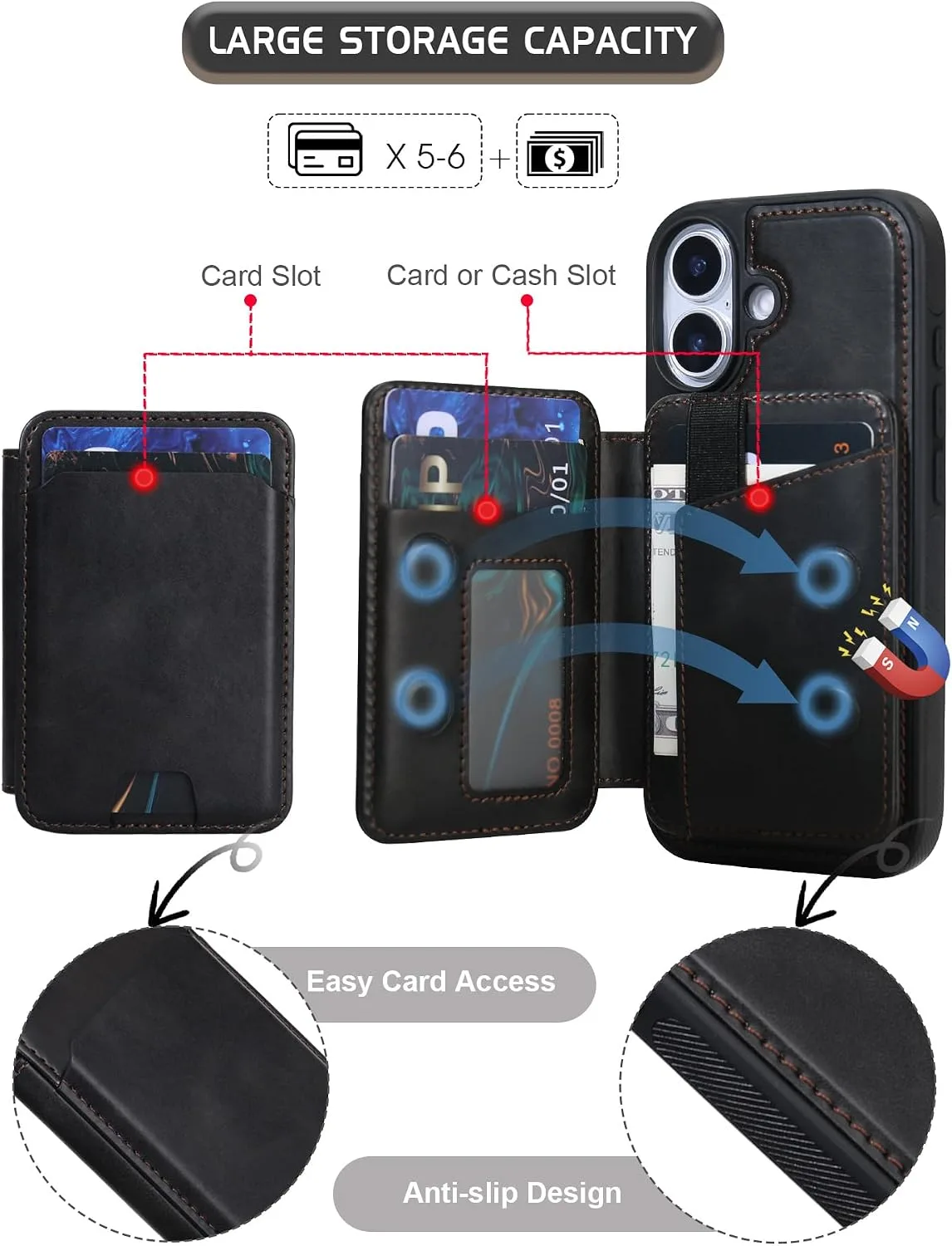 Magnetic Detachable Wallet Case for iPhone 16 with Kickstand,2-in-1 MagSafe Compatible RFID Blocking Card Holder,Slim PU Leather Cover Black