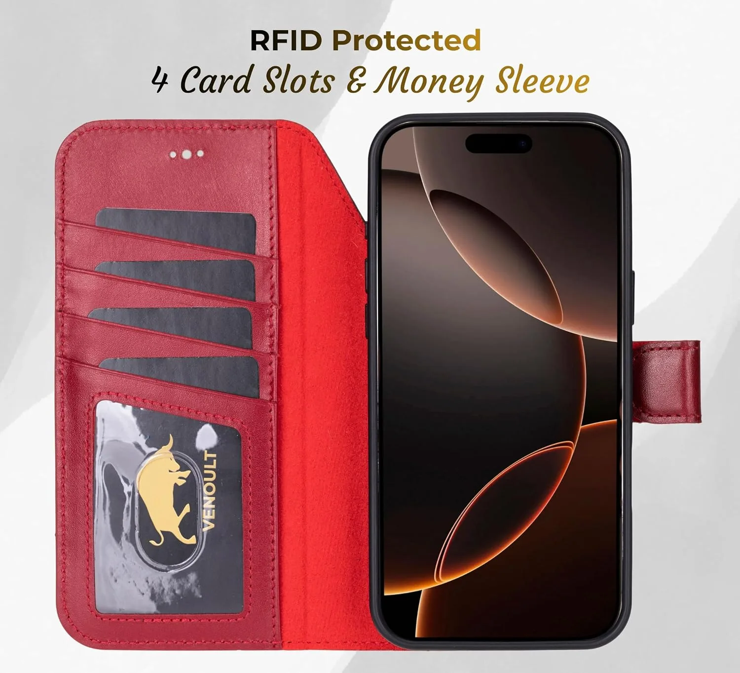 VENOULT Wallet Case for iPhone, Full Grain Genuine Turkish Leather, Magnetic Detachable, RFID 4 Card Slots, Business Style, Compatible with MagSafe (Cranberry, iPhone 17 Pro)