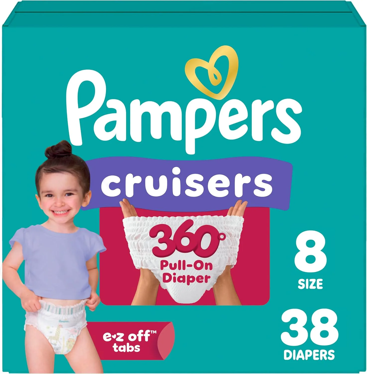 Pampers Diapers - Cruisers 360 - Size 8, 38 Count, up to 100% Leakproof Pull-On Diaper for Active Babies