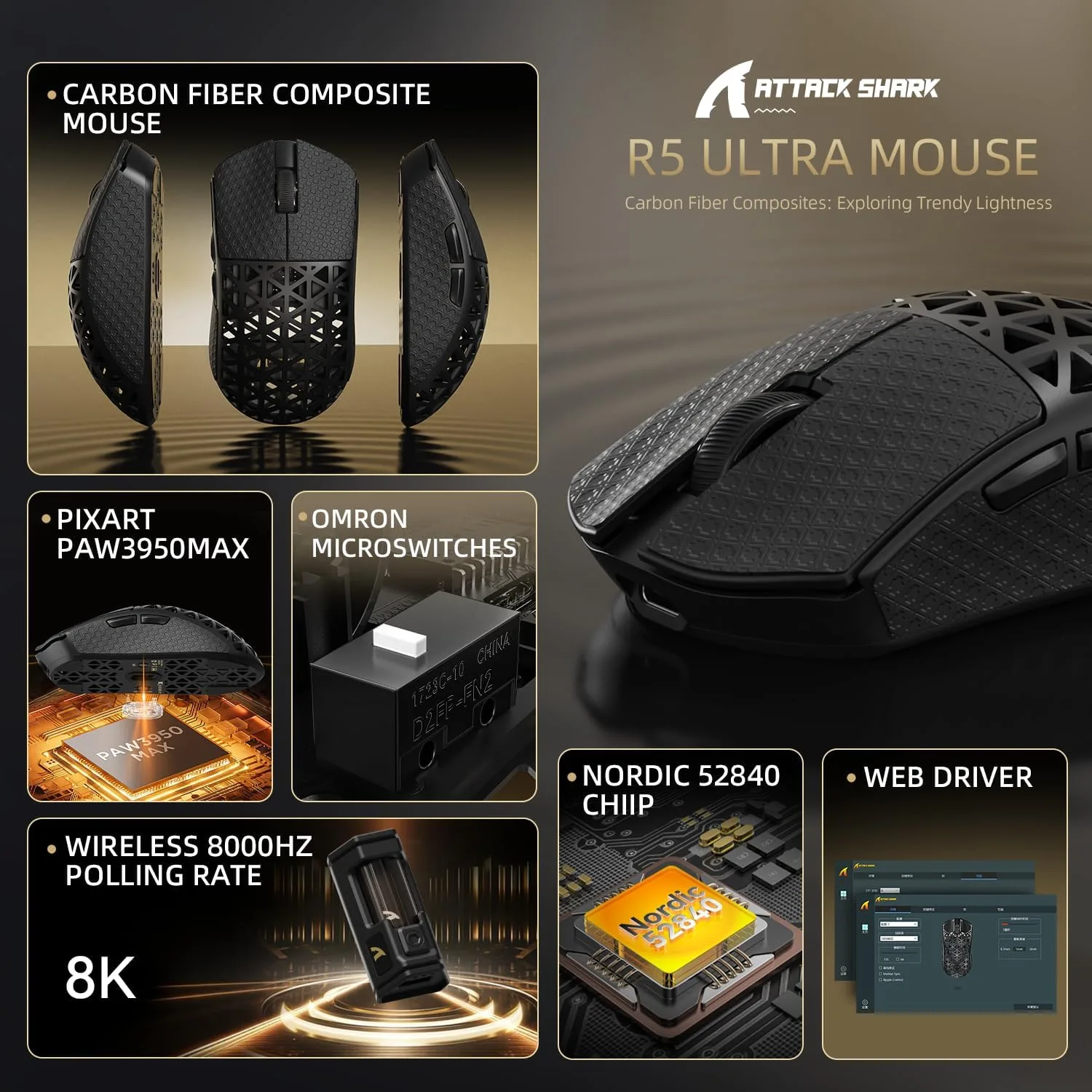 ATTACK SHARK R5Ultra 8K Carbon Fiber Wireless Gaming Mouse, Black&Tape