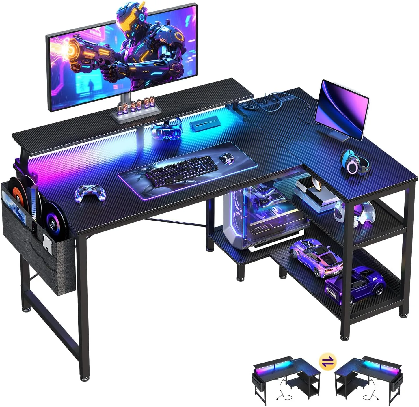 Escritorio en L Odk 40 pulgadas para gaming con luces LED y tomacorrientes, negro