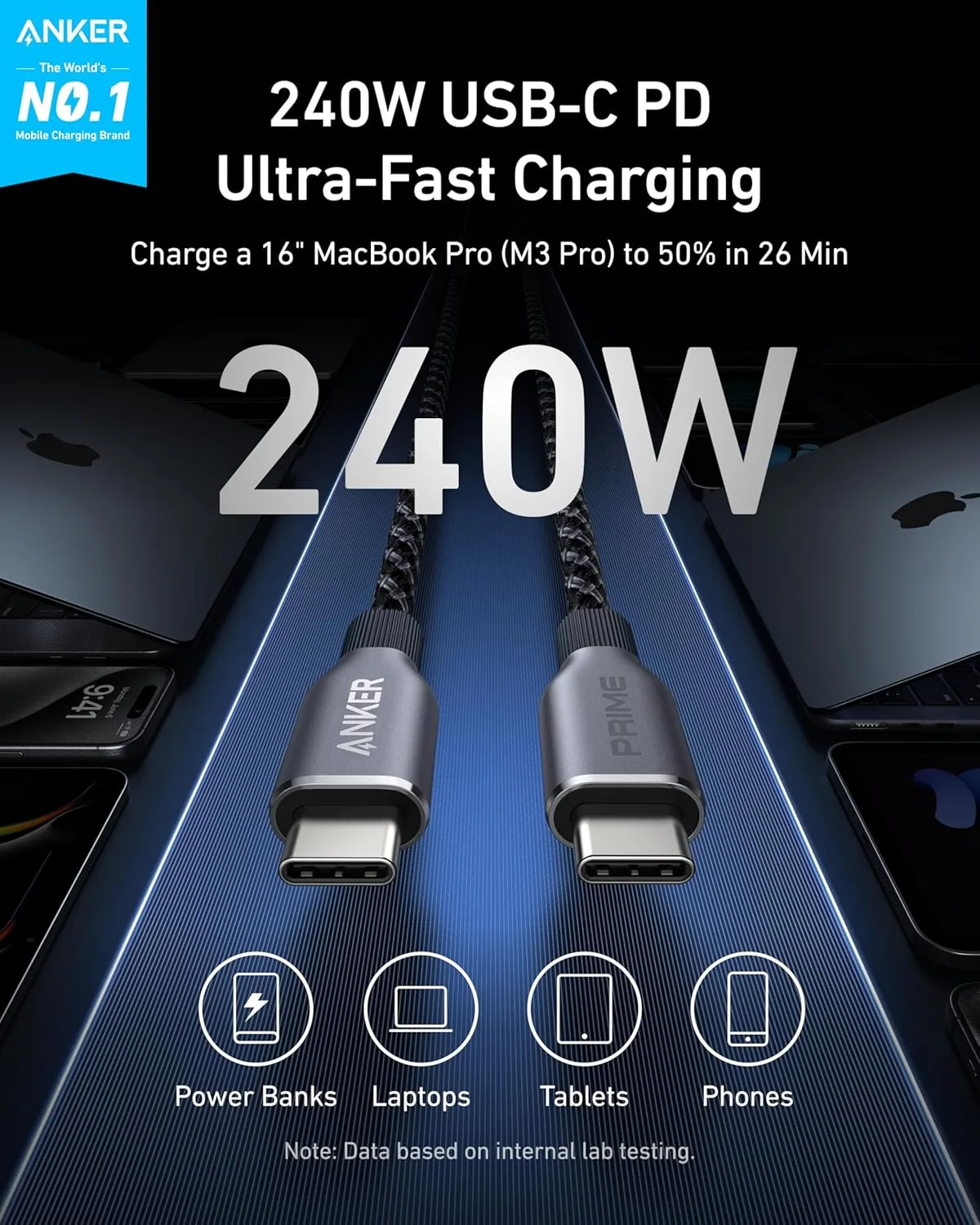 Anker Prime USB C to USB C Cable, 240W Fast Charging Durable Cable (3 ft)