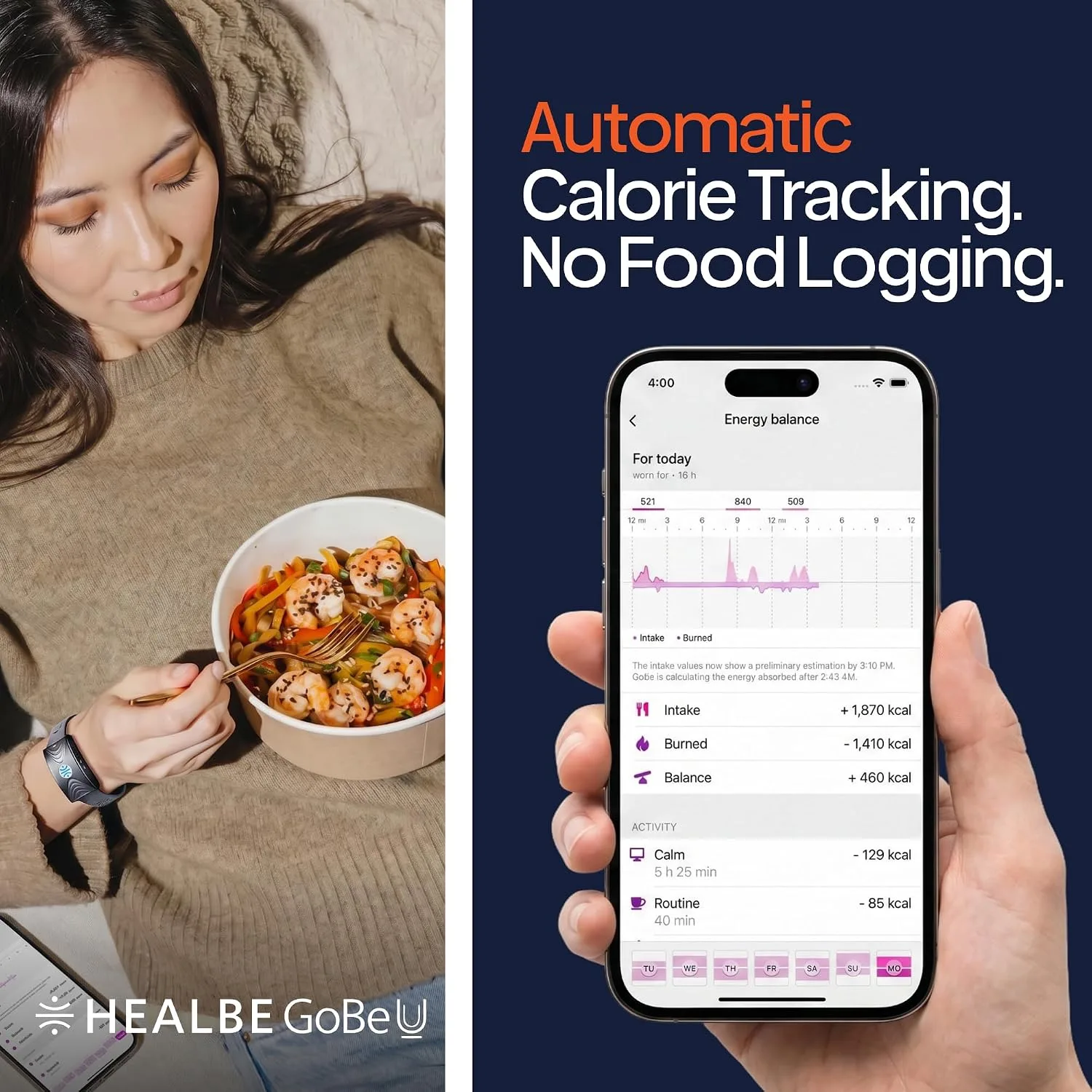HEALBE Calorie Tracker, Automatic Calorie Intake Smart Band with App, Screen-Free Activity Tracker, Health Tracker, Sleep, Hydration, Stress, 24/7 Heart Rate, 5 ATM Waterproof