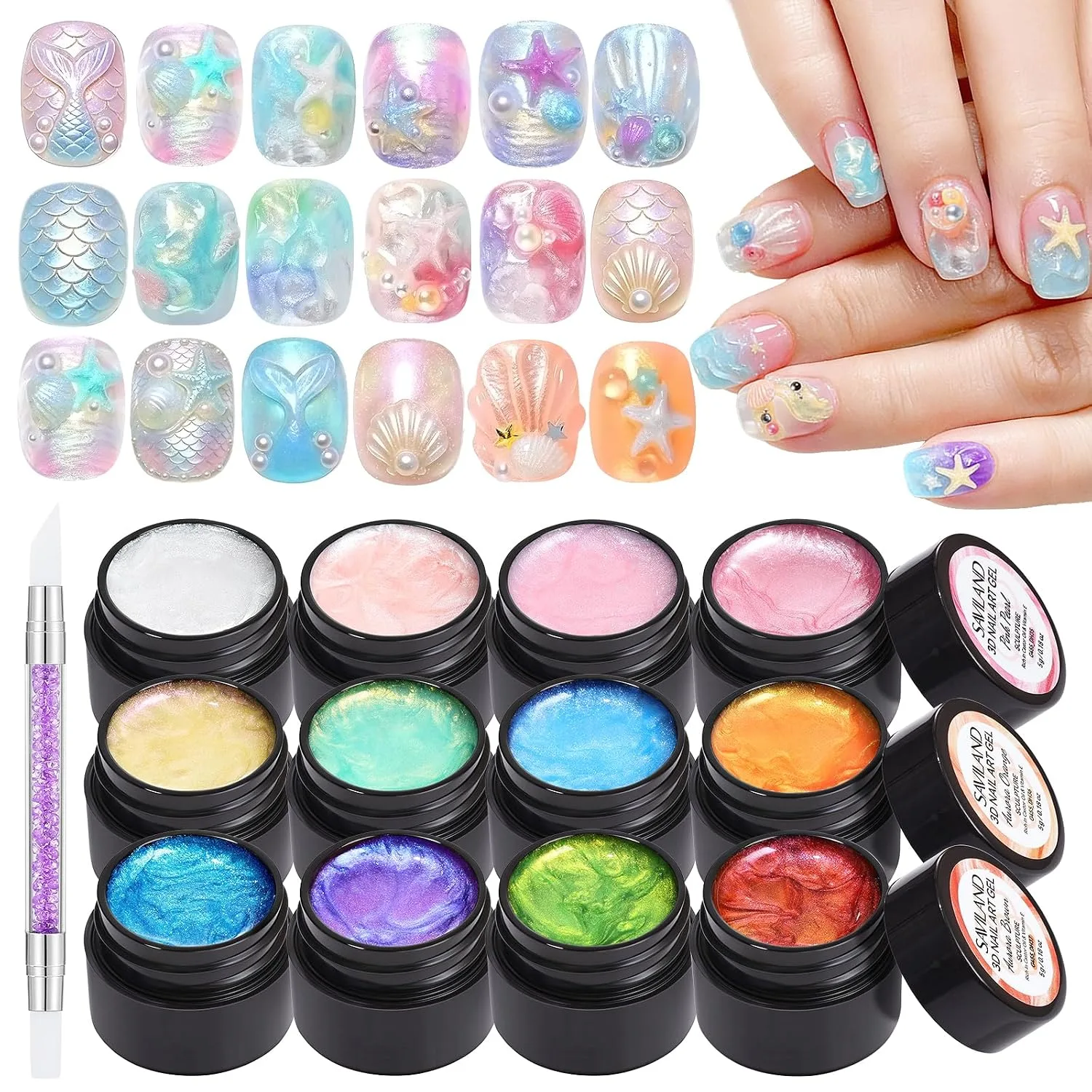SAVILAND 3D Sculpture Gel Set: 12 No-Wipe Satin Luster 3D Nail Art