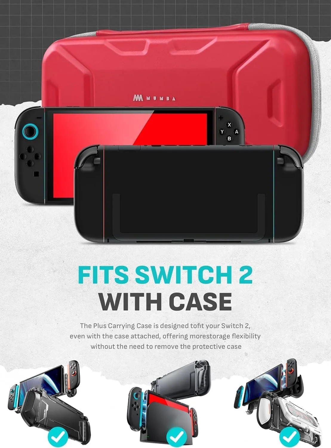 Mumba Carrying Case for Nintendo Switch 2 [Fits Console with Protective Case On][2025 Plus Version] Hard Shell Travel Handbag Pouch with 12 Game Card Slots, Large Capacity for Accessories (Red)
