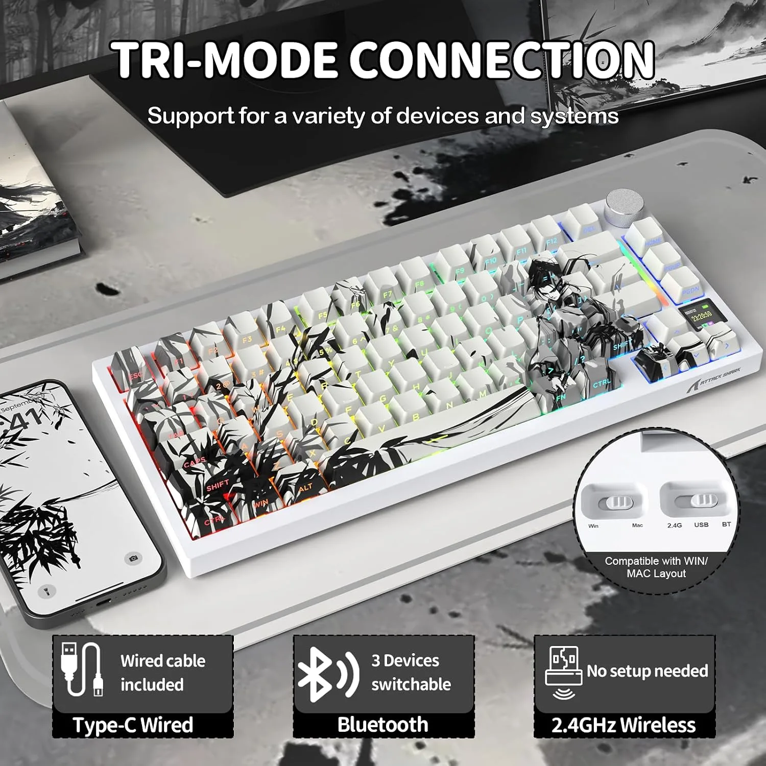ATTACK SHARK X820 Ultra 75% Wireless Gaming Mechanical Keyboard Hot-Swappable Gasket Mount RGB Backlit BT/2.4G/Wired Custom Keyboard with Smart TFT Display&Knob QMK Driver-Ink Bamboo&Gift Switch