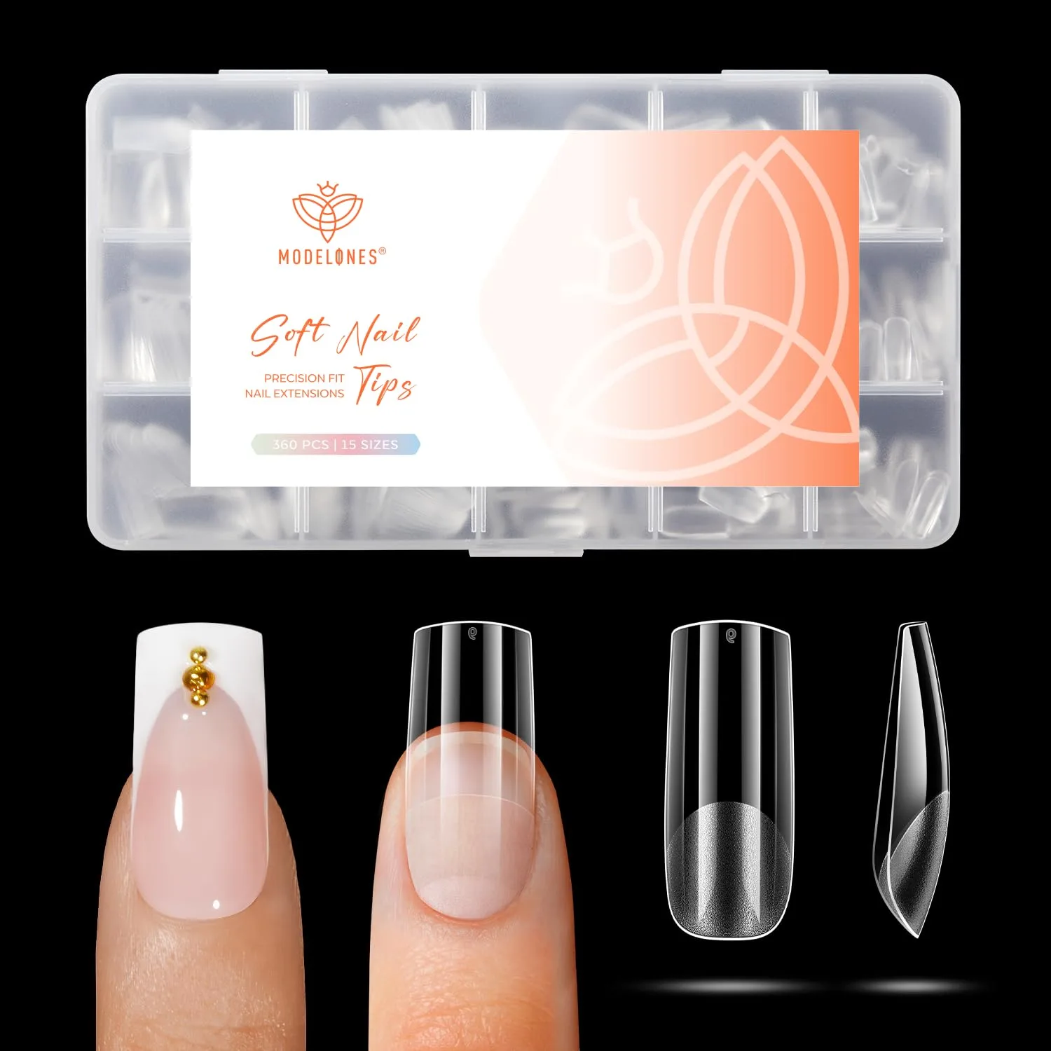 Modelones Medium Square Nail Tips 360pcs Pre-etched Clear Fake Nails