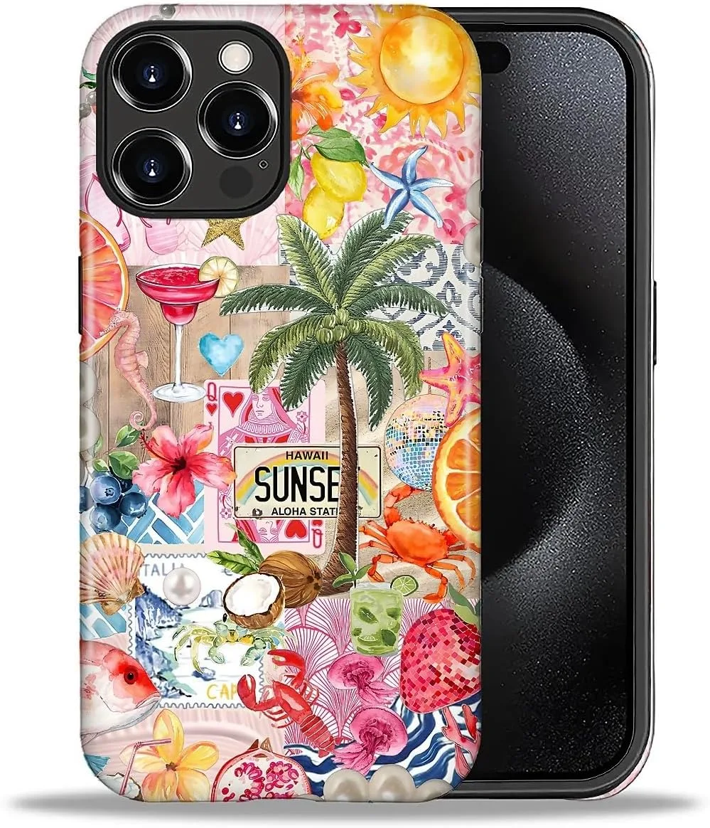 DAIZAG Case for iPhone 16 Pro,Mixed 2 Layer Design Shockproof Soft TPU Ddouble Protection Phone Case for iPhone 16 Pro-Aesthetic Summer Beach