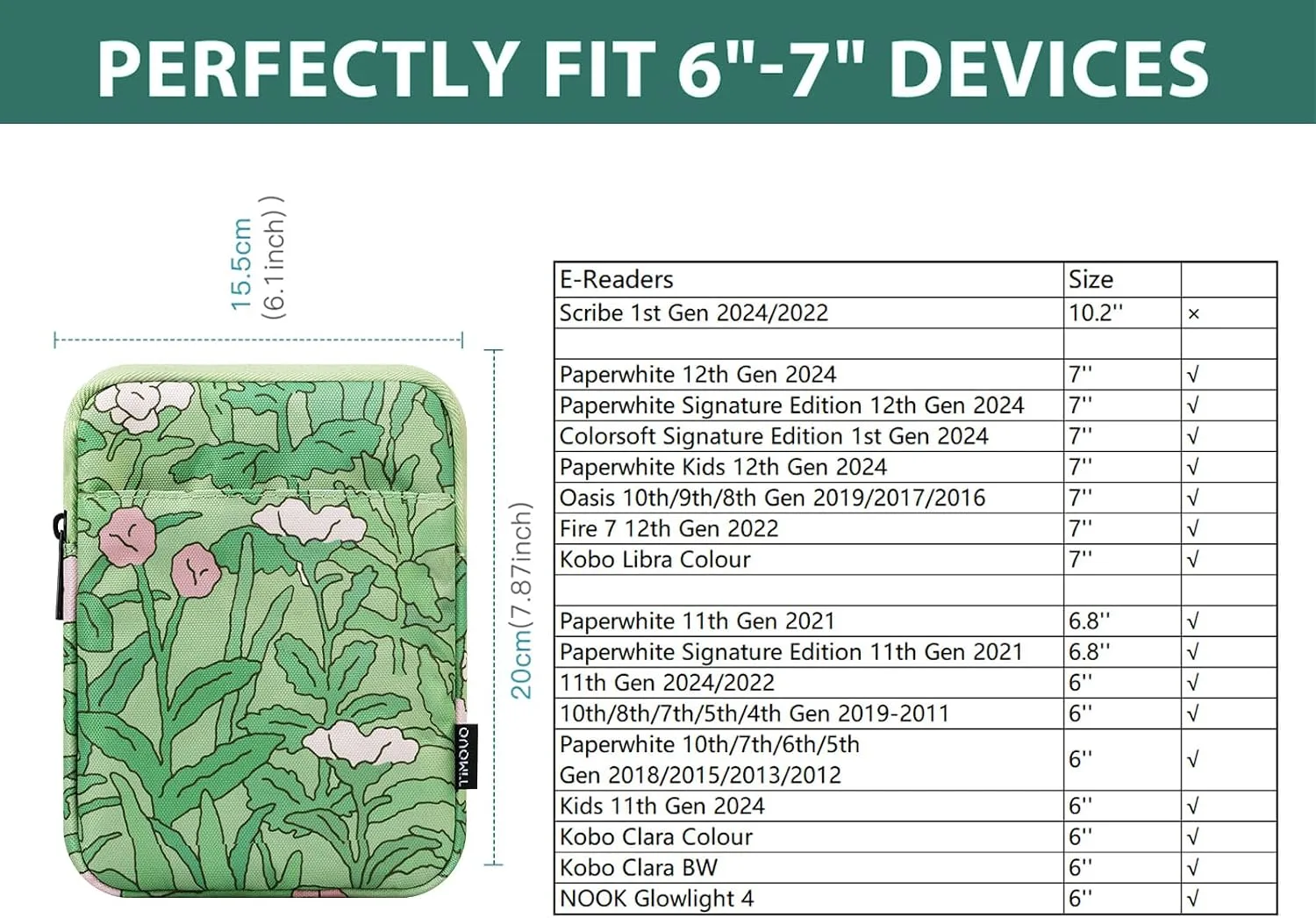 TiMOVO 6-7 Inch Sleeve Case for eReader, Green Flower
