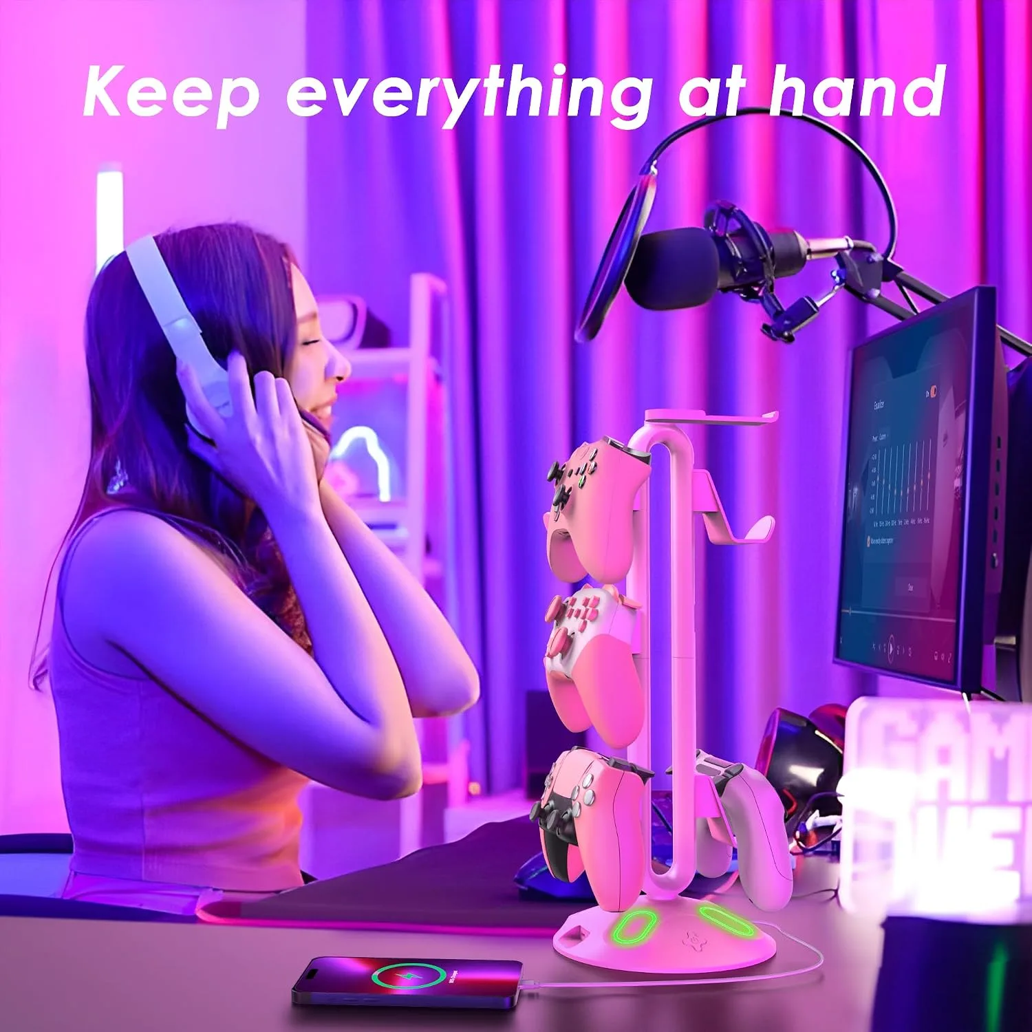 Gaming RGB Headphone Stand, Controller Holder with 9 Light Modes - Headset Stand with 2 USB Charging Ports and 3.5mm & Type-C - Controller Stand Hanger Accessories for Desk and Gamer(Pink)…