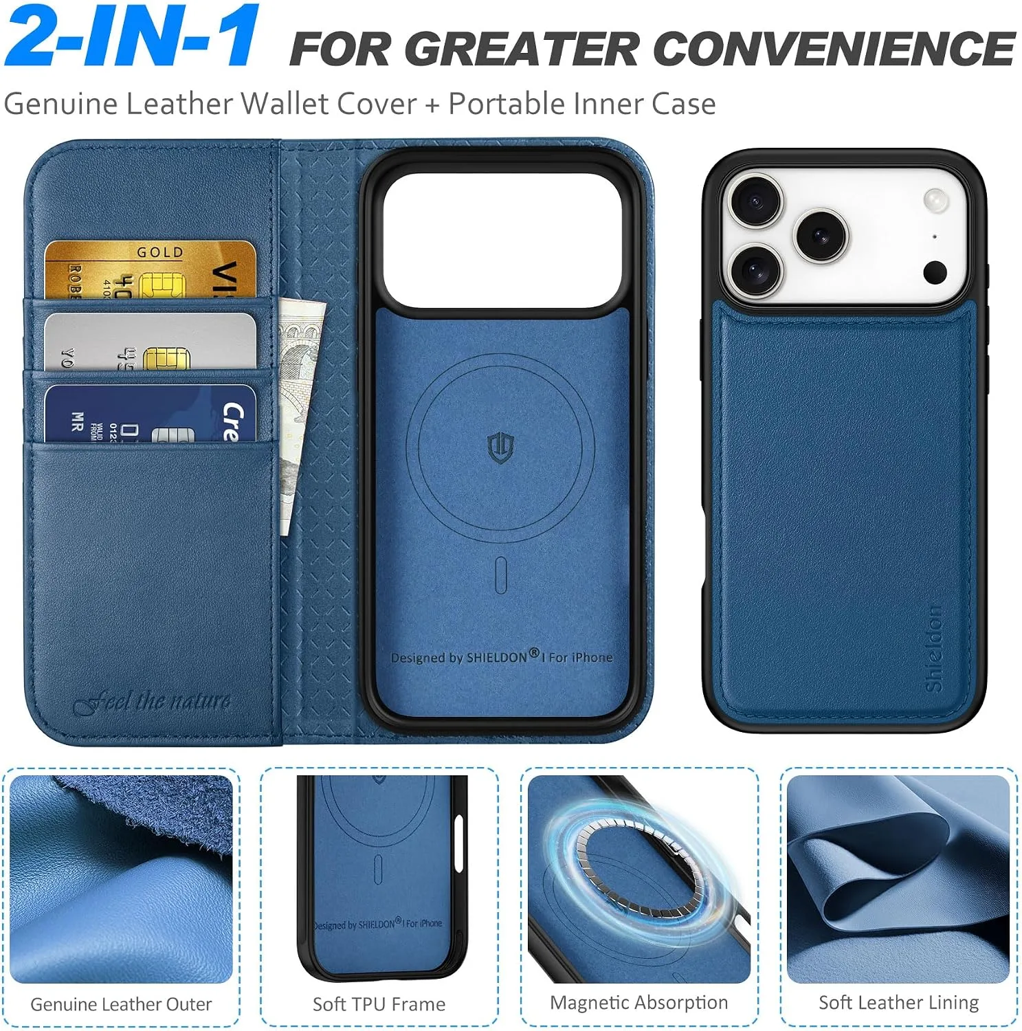 SHIELDON Removable Case Wallet for iPhone 18 Pro Max/17 Pro Max, Royal Blue