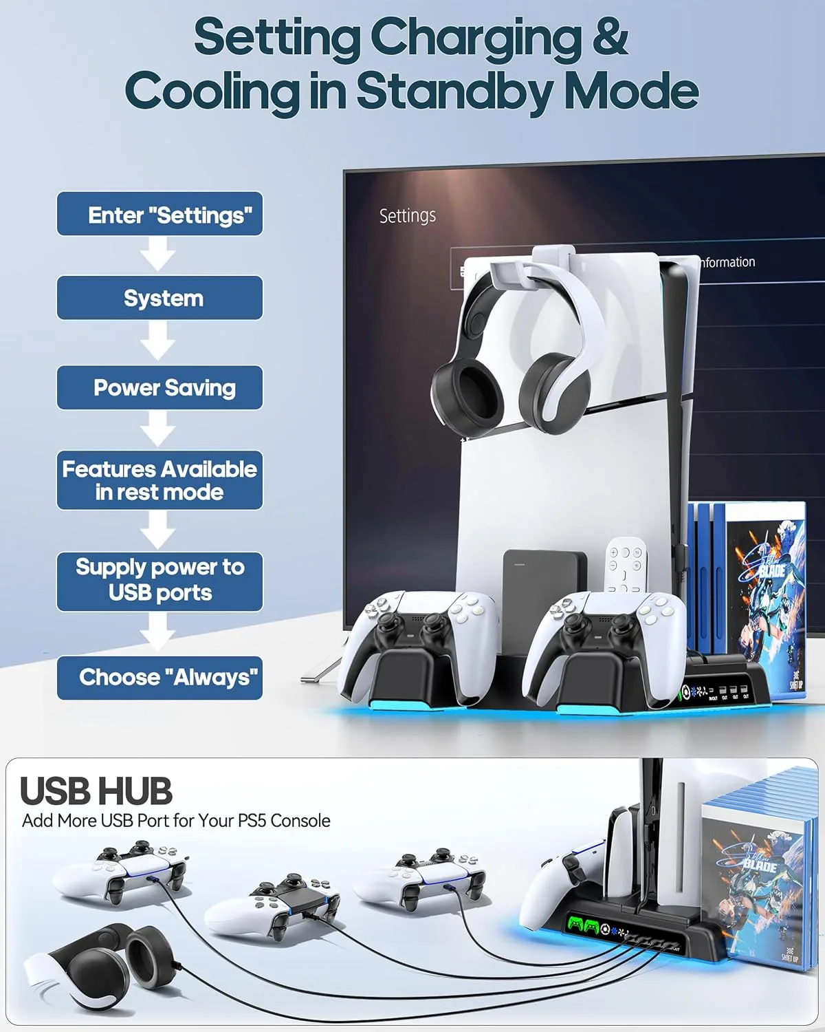 PS5/Slim/Pro Stand and Cooling Station with LED Controller Charging Station for PlayStation 5 Console, Controller Charger, Cooling Stand, PS5/Slim/Pro Accessories Kit with 3 Level Cooling Fan - Black