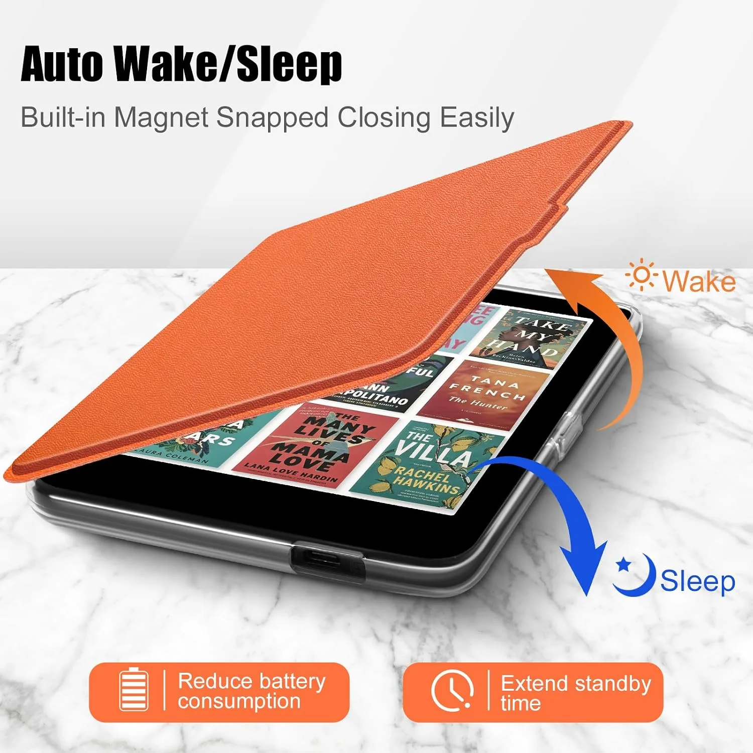 E NET-CASE Detachable Magnetic Case for 6" Kobo Clara Colour (2024) /Clara BW(2024) /2E(2022) eReader,Ultra Clear Back丨Easy to Detach & Attach丨Auto Sleep/Wake (Orange)