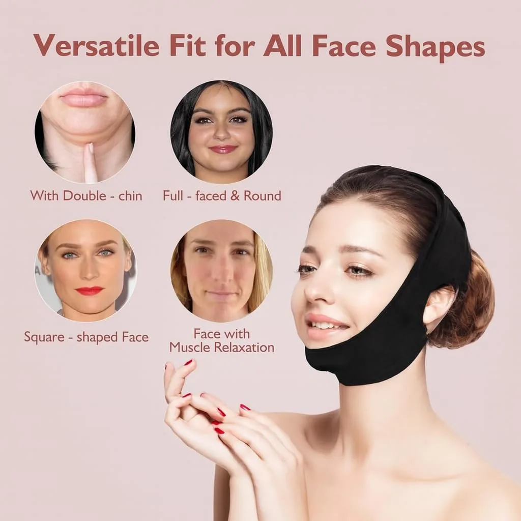 Jawline Shaper Chin Strap for Sleeping, Reusable V-Line Mask for Women Face Lifting Made w/Electric-Hot-Press Tech for Skin-Friendly & Breathable Cooling Fabric (Pure Black, One Size)