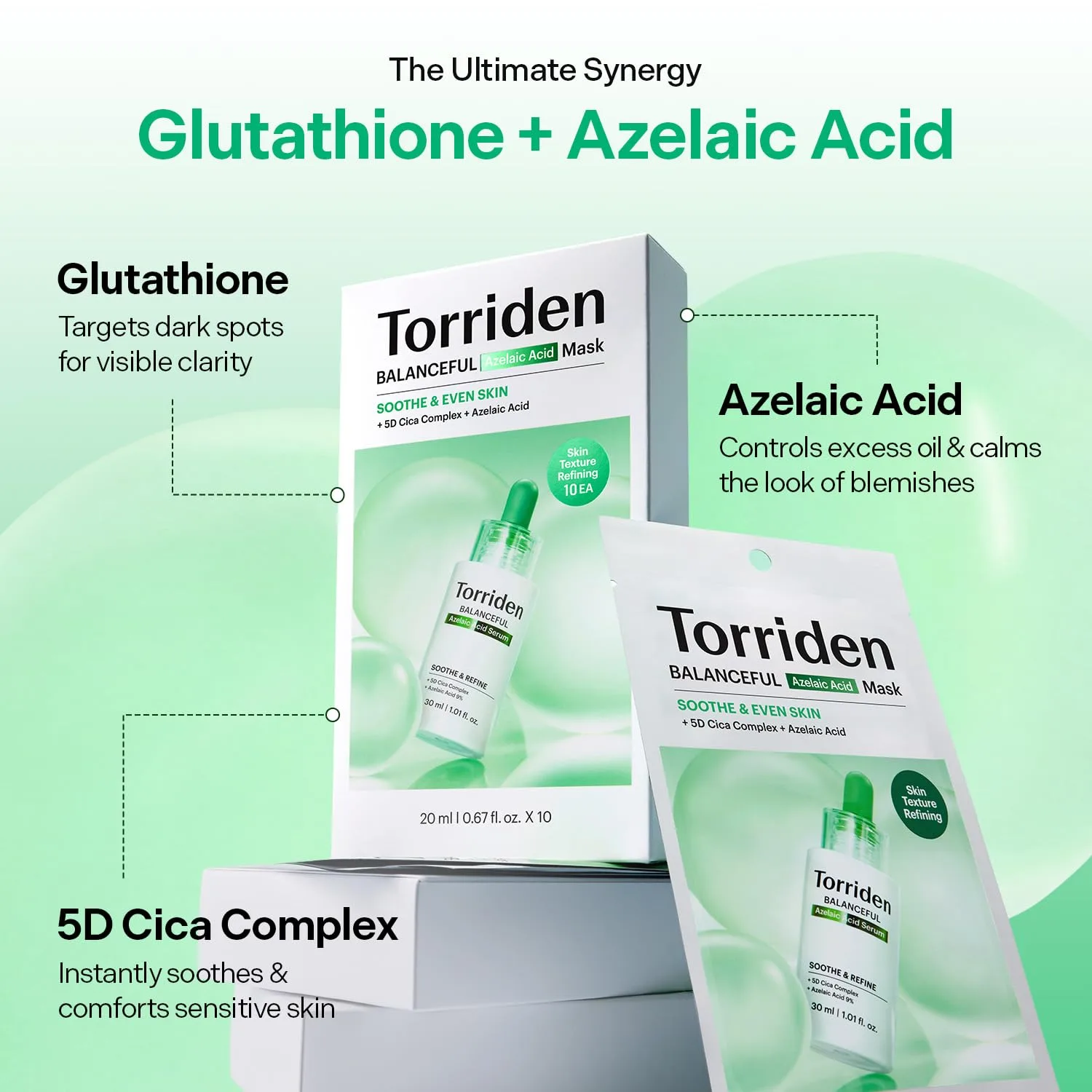 Torriden BALANCEFUL Azelaic Acid Mask (10 Sheets) | Potent Soothing with 5D Cica & Glutathione for Redness, Excess Oil | Non-Greasy, 10-Min Quick Care | Korean Skincare | Facial Mask