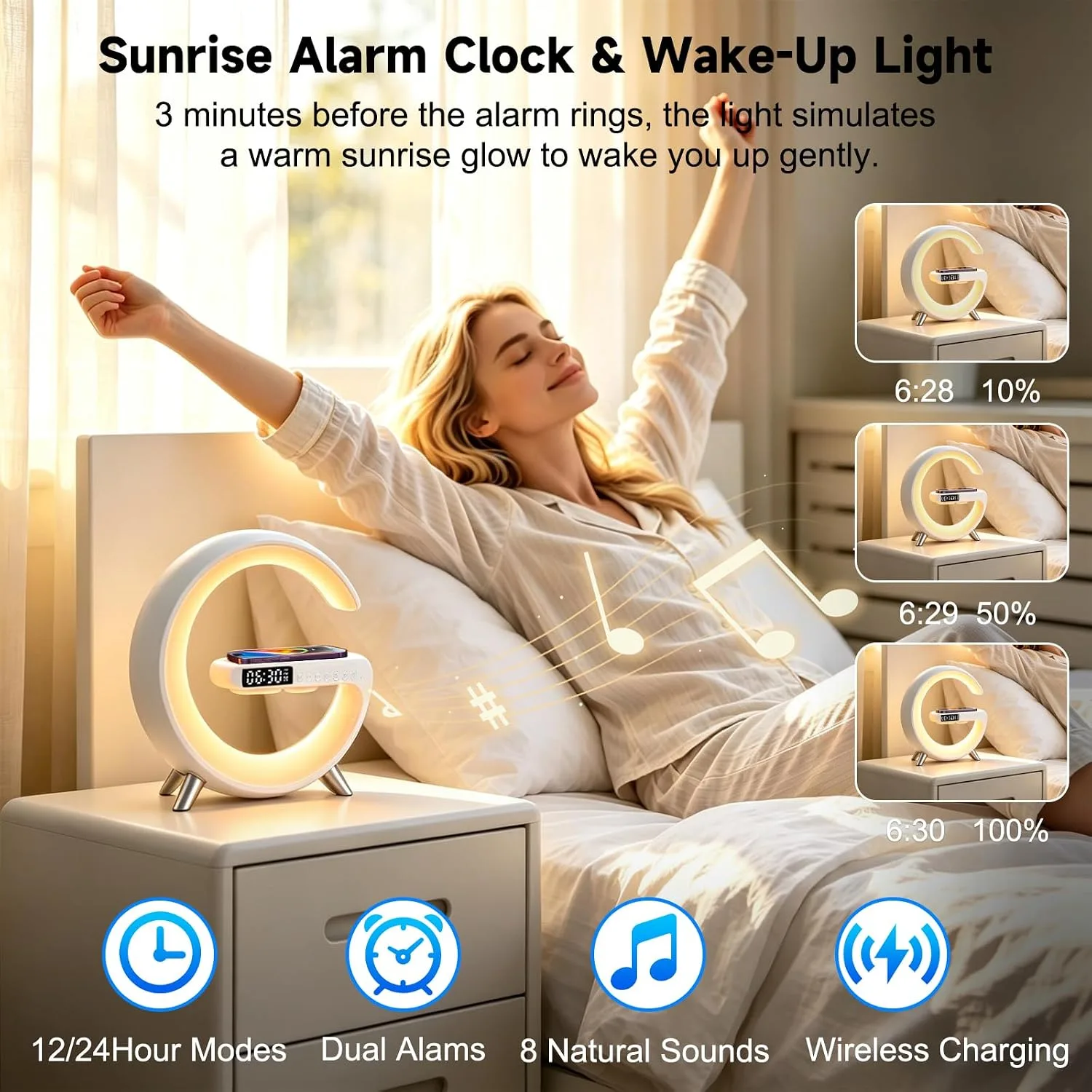 Smart LED Table Lamp, 4 in 1 RGB Night Light, Alarm Clock, Wireless Charger, Bluetooth Speaker with App Control, G-Shape Bedside Atmosphere Lamp for Bedroom Office Home Decor, Teen Girls Boys Gifts
