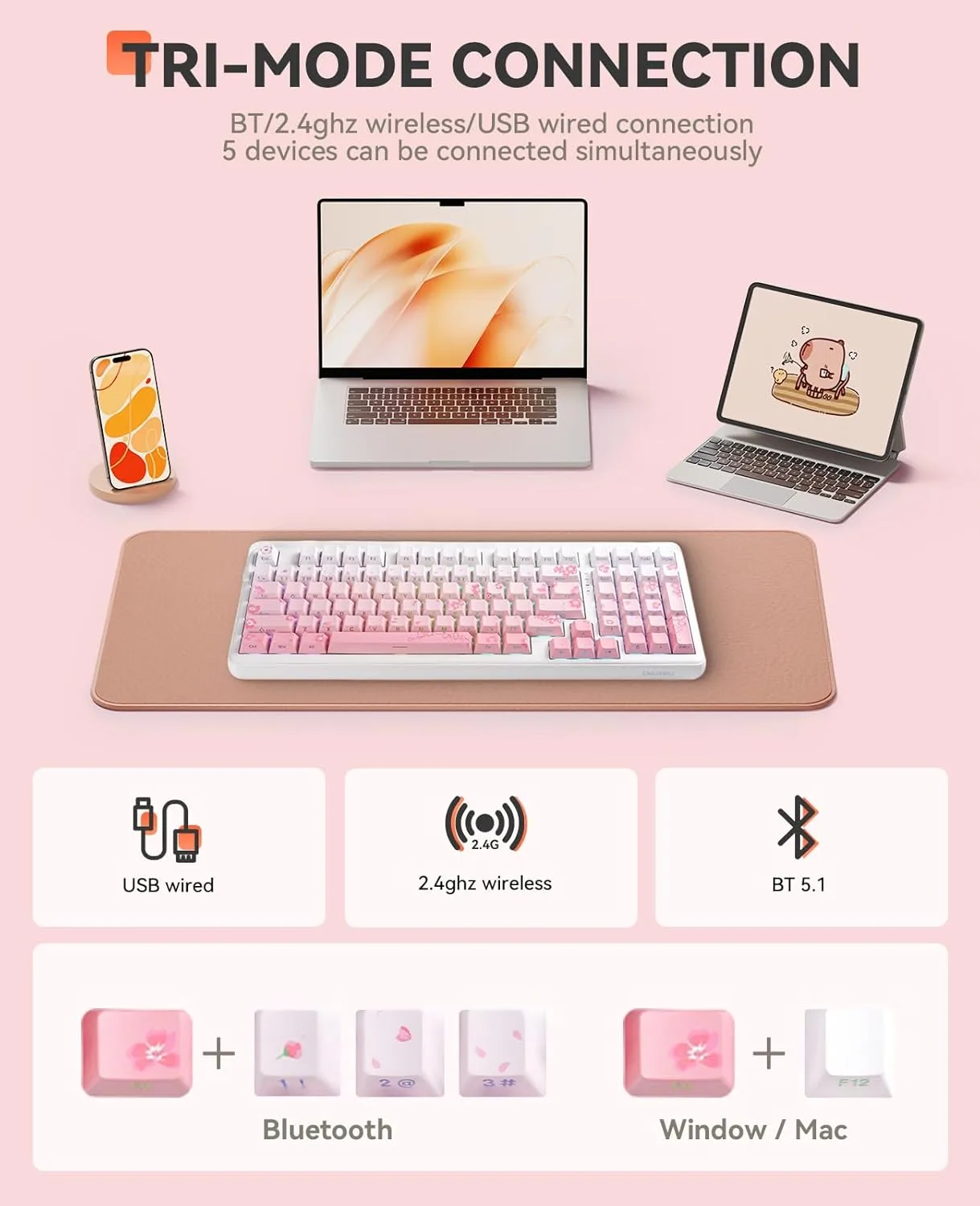 DAREU EK98pro Sakura Pink Wireless Mechanical Keyboard,Tri-Mode BT/2.4GHz/USB-C Creamy Gaming Keyboard with Number Pad,Gasket Structure,Hot Swappable Custom,RGB Backlit for Win/Mac