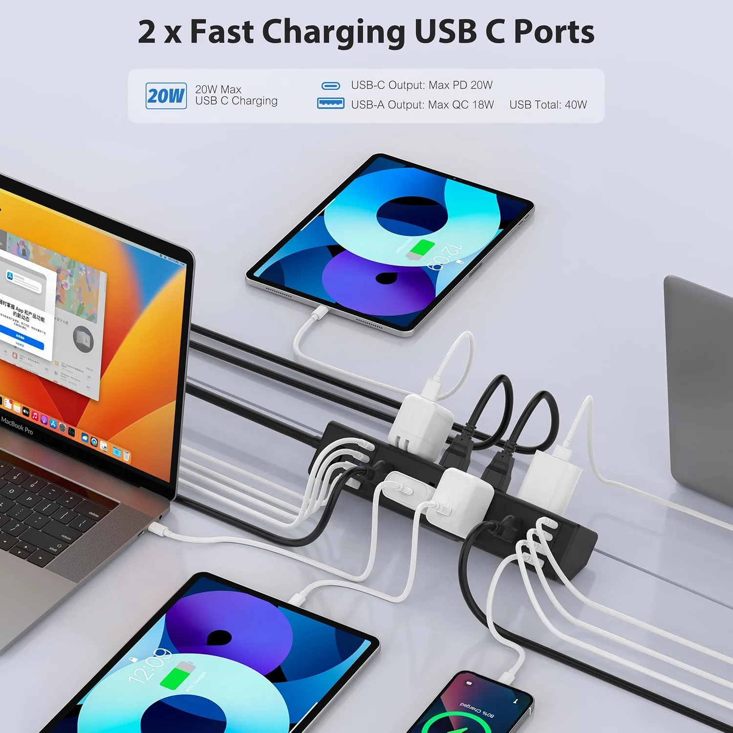 Jgstkcity Desk Clamp Power Strip 40W USB C,8 Outlets,8 USB,6FT,Black