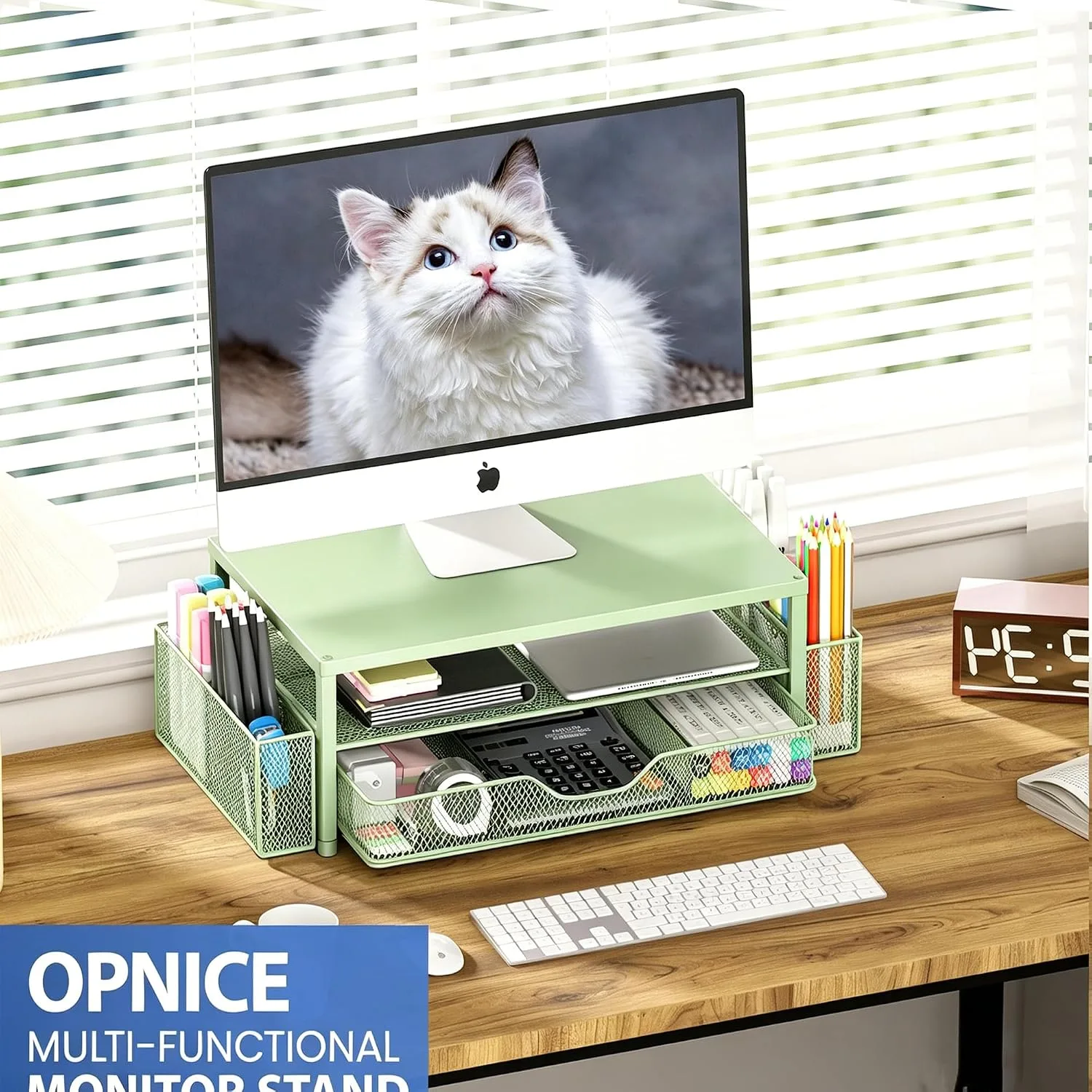 OPNICE Desk Organizer, Monitor Stand Riser with Drawer and 2 Pen Holders