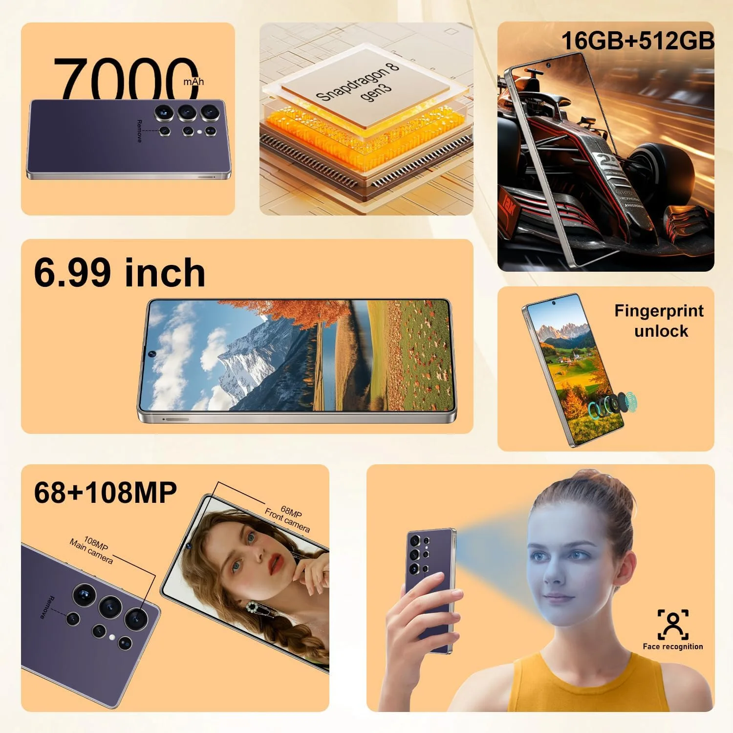 OEJBK I25 Ultra: Powerhouse 16GB/512GB, 2-Day 7000mAh Battery, Huge 6.99" Android 14 Phone w/Built-in Stylus - Your All-in-One Device The Superior Choice (Purple)