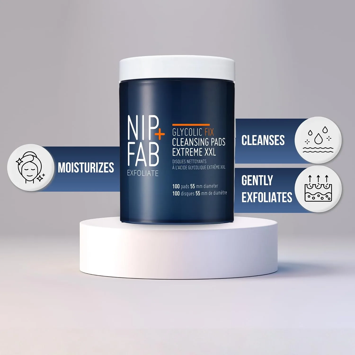 Nip + Fab Glycolic Fix Night Pads Extreme XXL (100 Count) – 5% Glycolic Acid Exfoliating Face Pads with Salicylic Acid – Resurfacing AHA BHA Chemical Peel for Blemishes & Texture