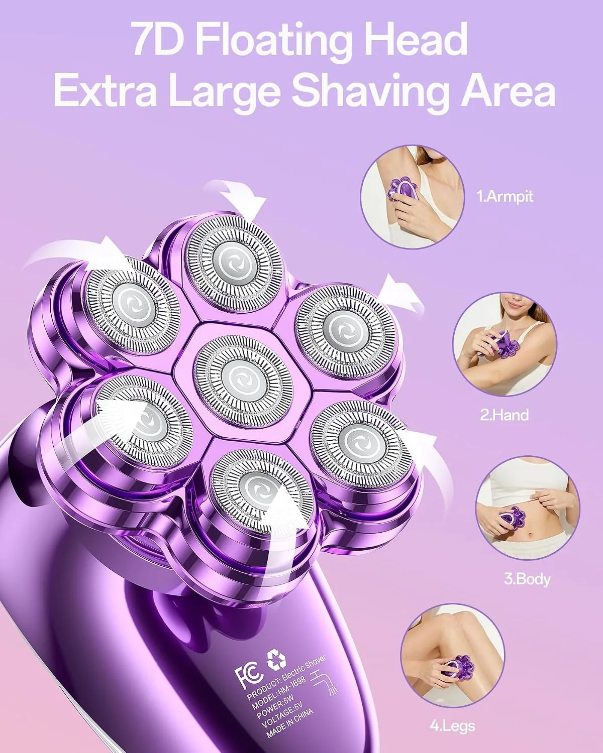 5-in-1 Electric Razors for Women, 7D Electric Shavers for Womens Full Body Legs, IPX7 Waterproof Wet Dry Travel Bikini Trimmers for Lady Face Bikini Arms Underarms (Deep Purple)
