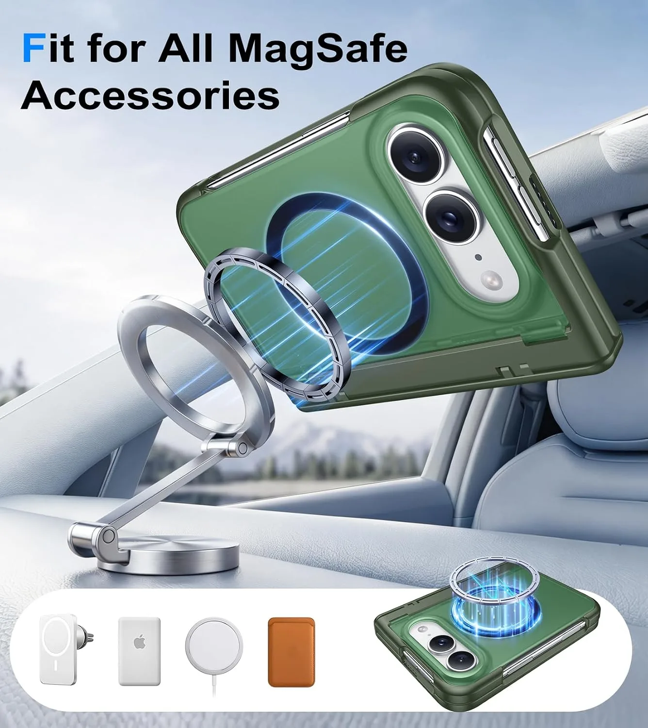 Red2Fire for iPhone Duo Case with Built-in Screen Protector, [Compatible with Magsafe], [Built-in Kickstand & Full Body Hinge Protection] Magnetic Slim iPhone Ultra Fold Case,Green