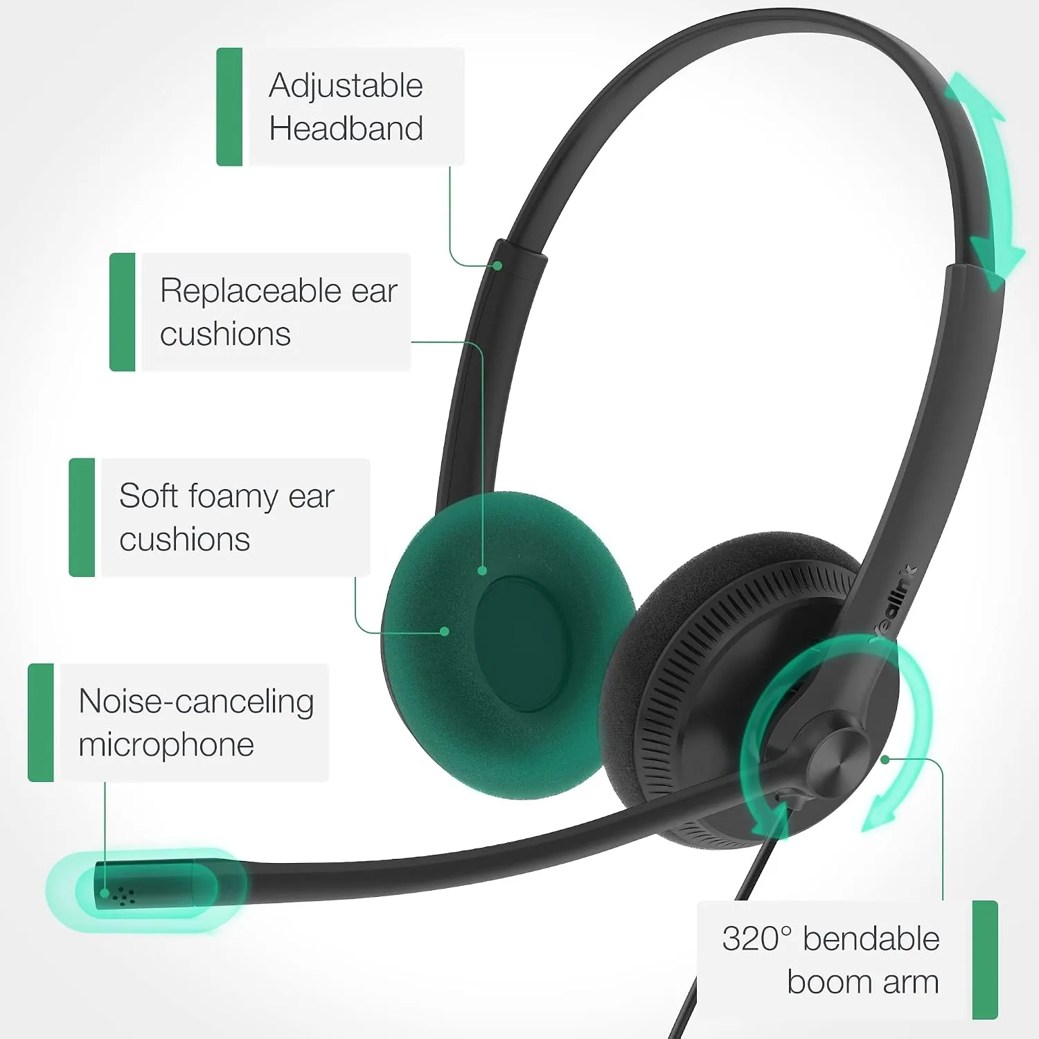 Yealink UH34 USB Headset with Mic,Stereo Wired Headphones with Noise Cancelling Microphone,Professional Work Headset VoIP Phone PC Computer Call Center Office(Ultra Light) (Pack of 2)