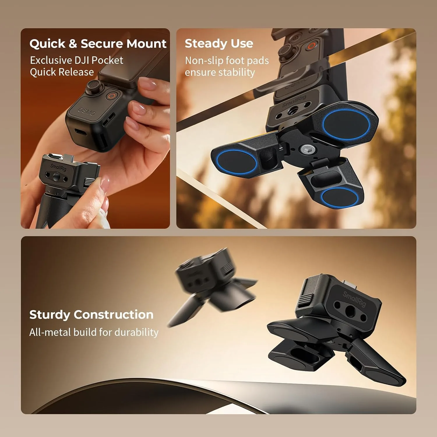 SmallRig 2-in-1 Auto-Deploy Aluminum Mini Tripod Grip with Charging Base