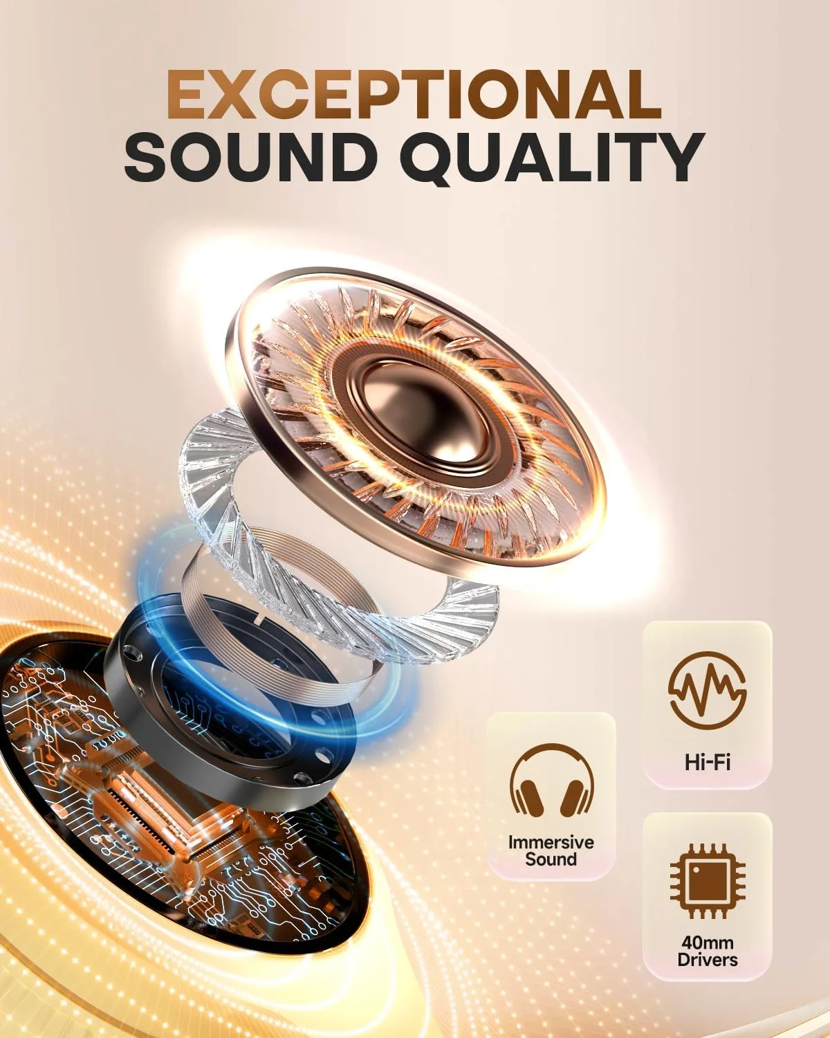 TuneFlux Bluetooth Headphones, 70H Playtime, Over-Ear, 3 EQ Modes-Beige