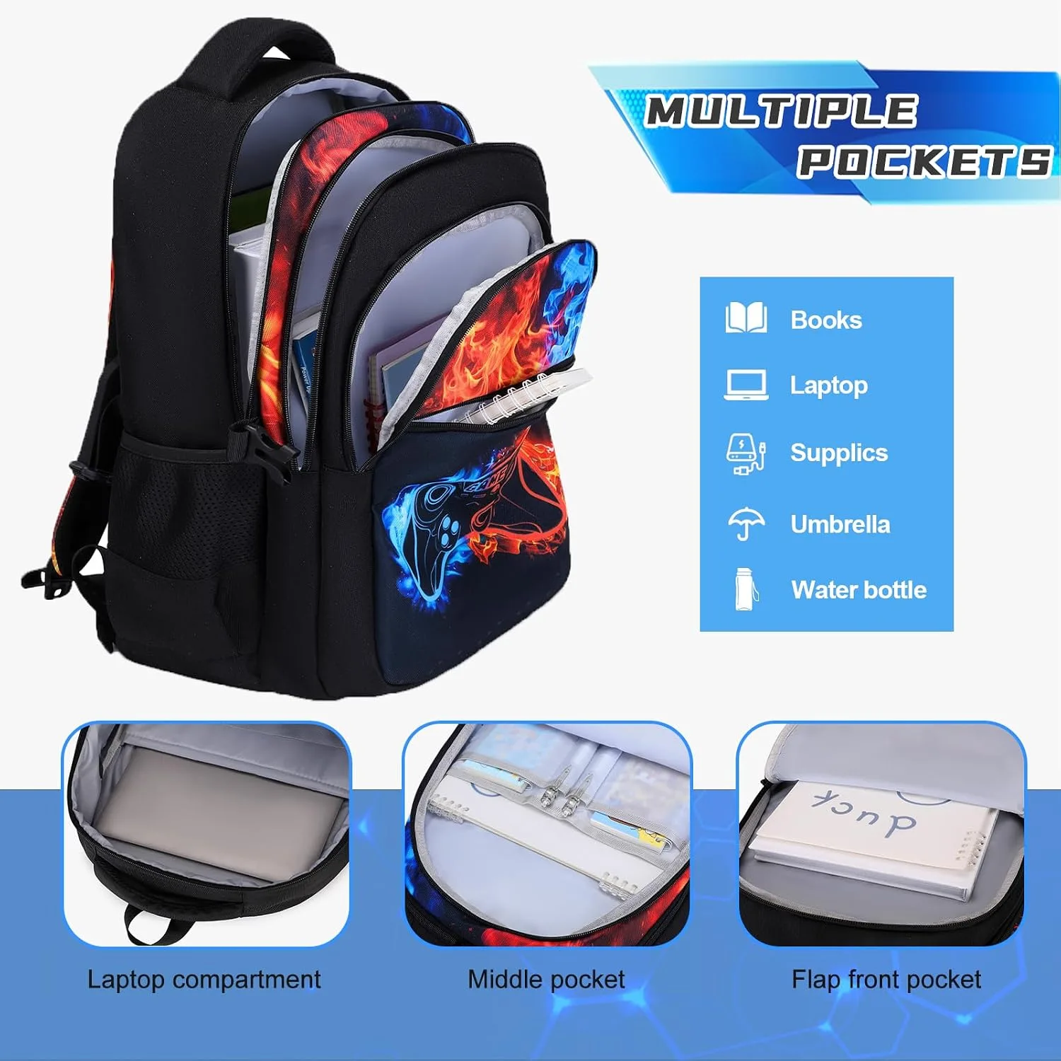 DIGOBAY Boys Backpack for School, 6PCS Cool Luminous Gamer Backpack for Boys with 14oz Insulated Water Bottle Lunch Box Pencil Case, Kids Backpacks Bookbag for Teen Boys Elementary Middle High School