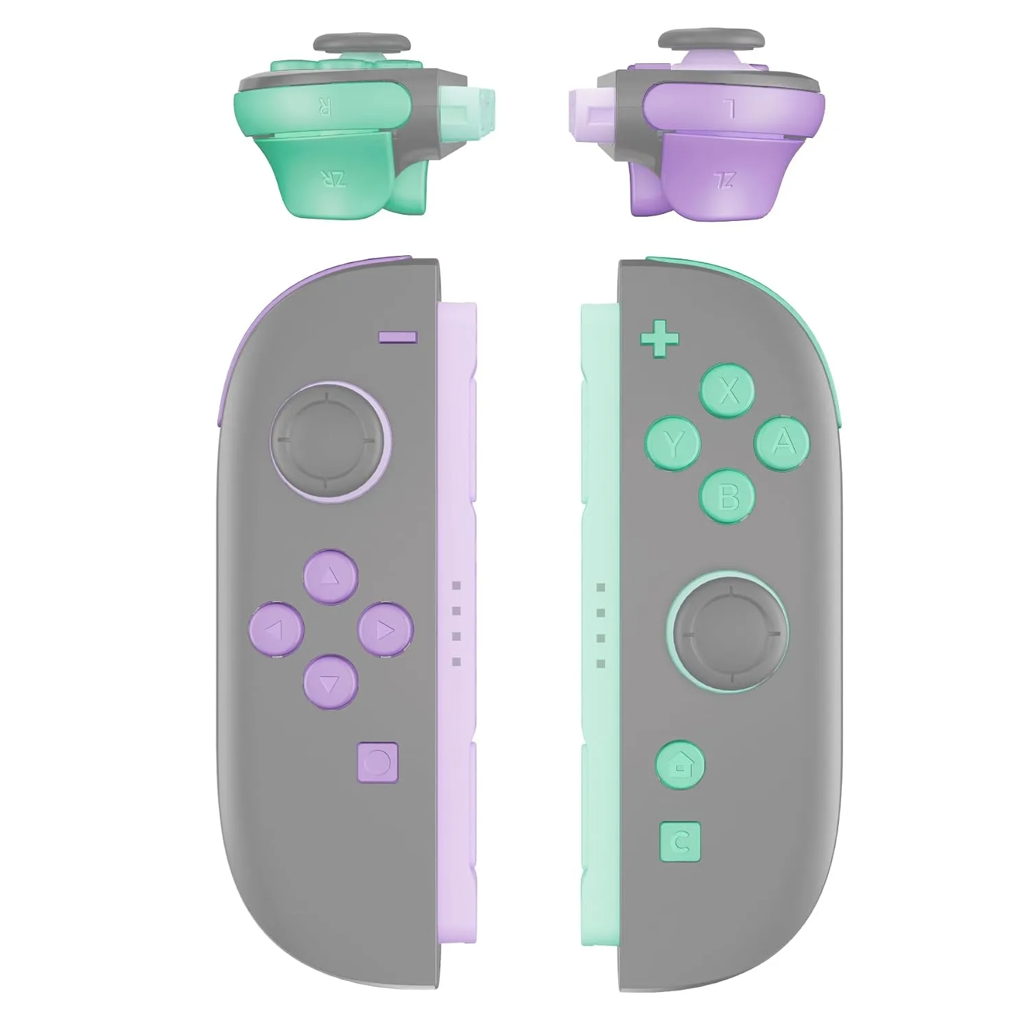 eXtremeRate DIY Replacement Full Set Buttons for Joycon 2, Custom ABXY Direction Keys Dpad + - C Home Capture Release L R ZR ZL Trigger Buttons for Nintendo Switch 2 Controller - Purple & Green
